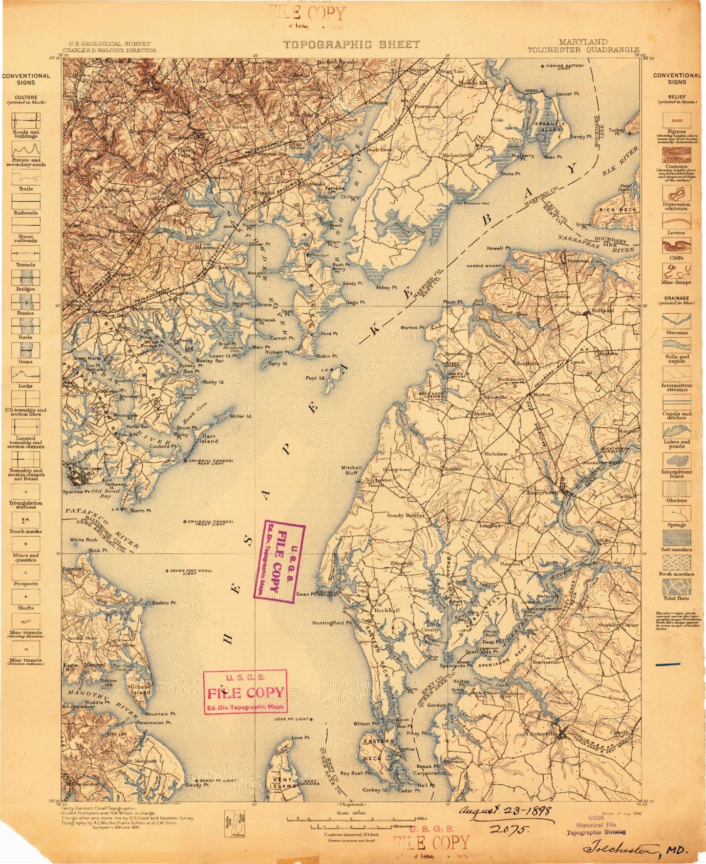 Historic 1898 Tolchester Maryland 30'x30' Topo Map Image