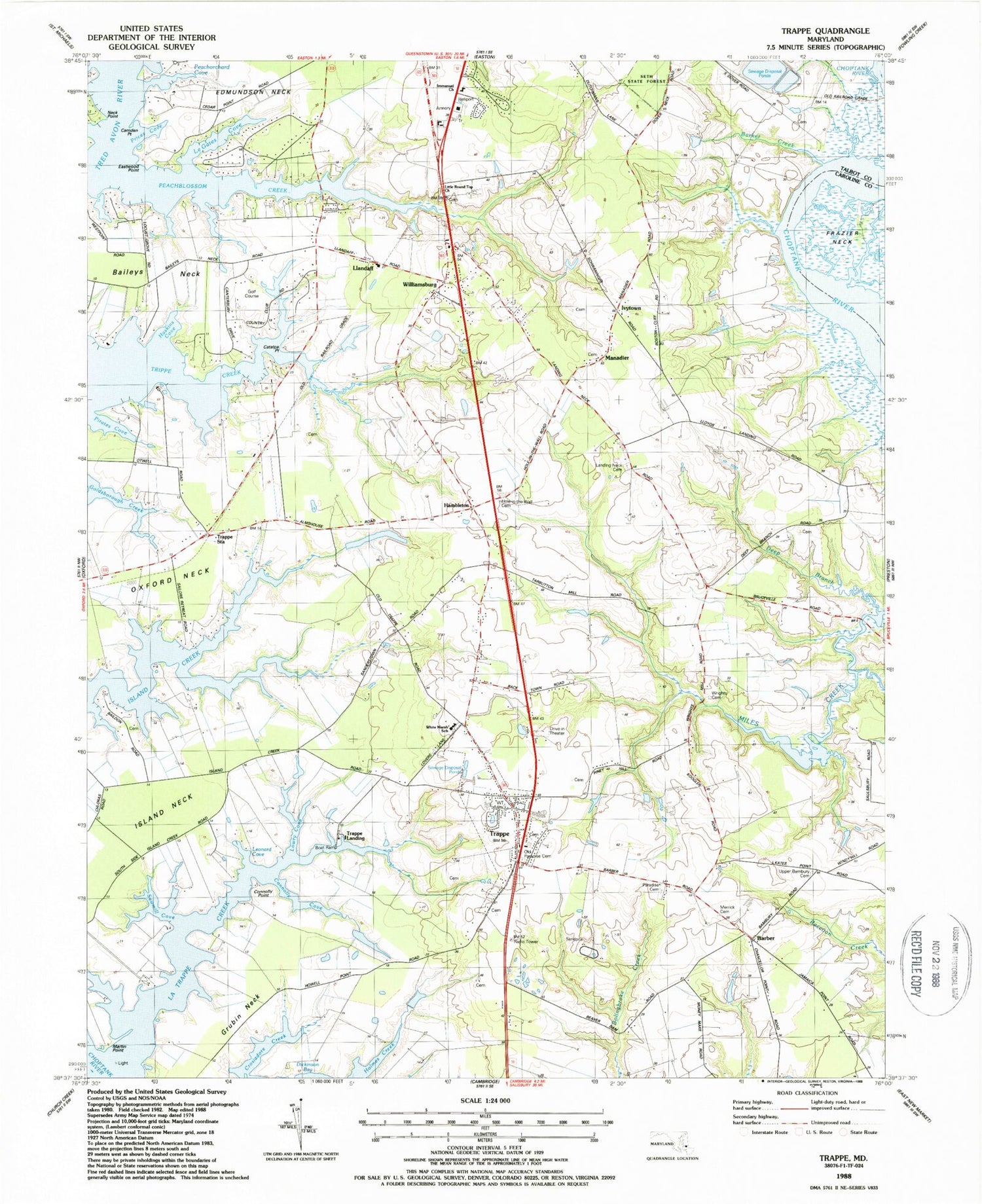 Classic USGS Trappe Maryland 7.5'x7.5' Topo Map Image