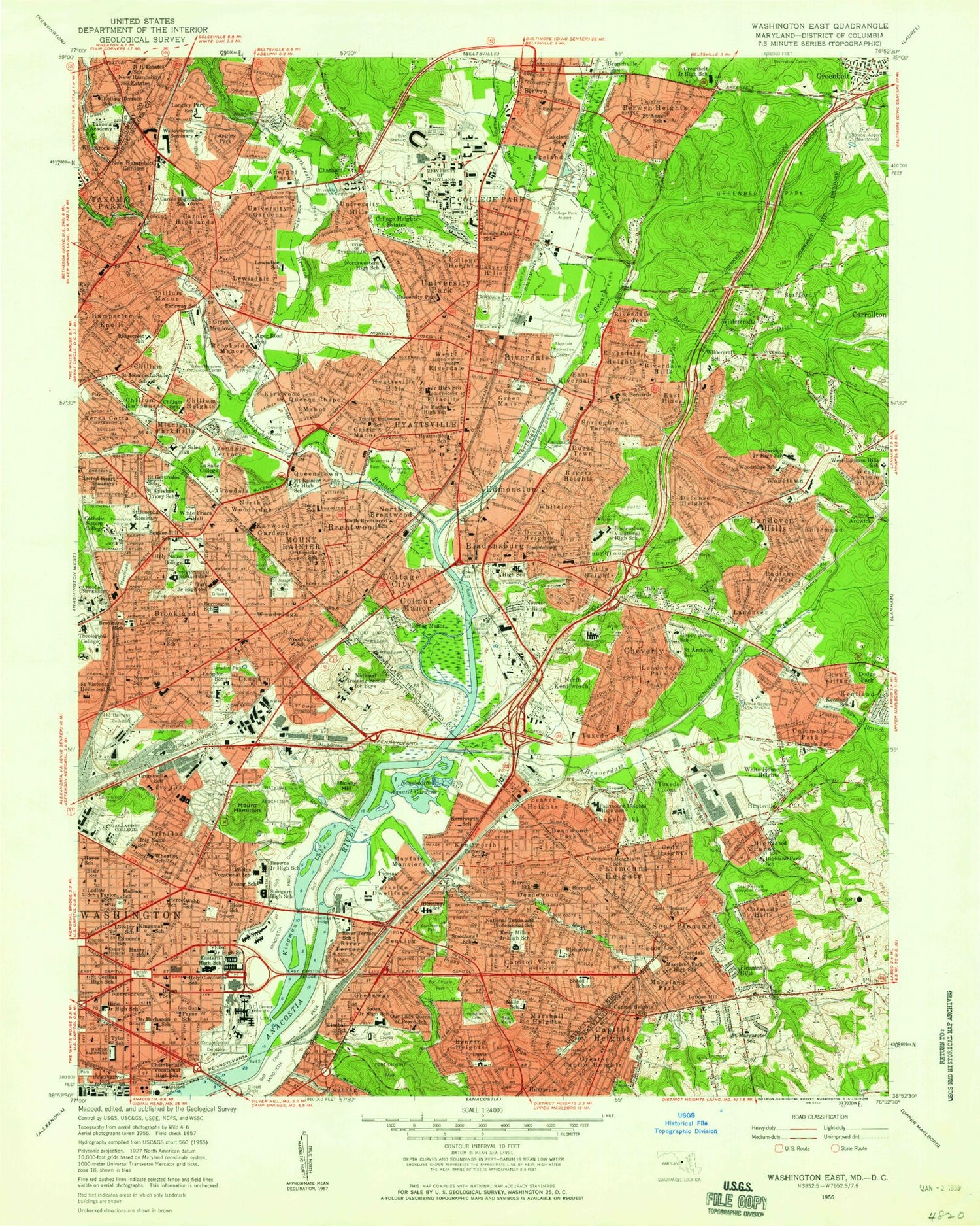 Classic USGS Washington East District of Columbia 7.5'x7.5' Topo Map Image