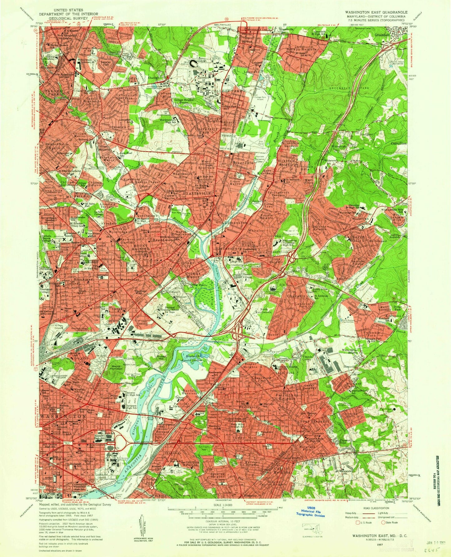 Classic USGS Washington East District of Columbia 7.5'x7.5' Topo Map Image