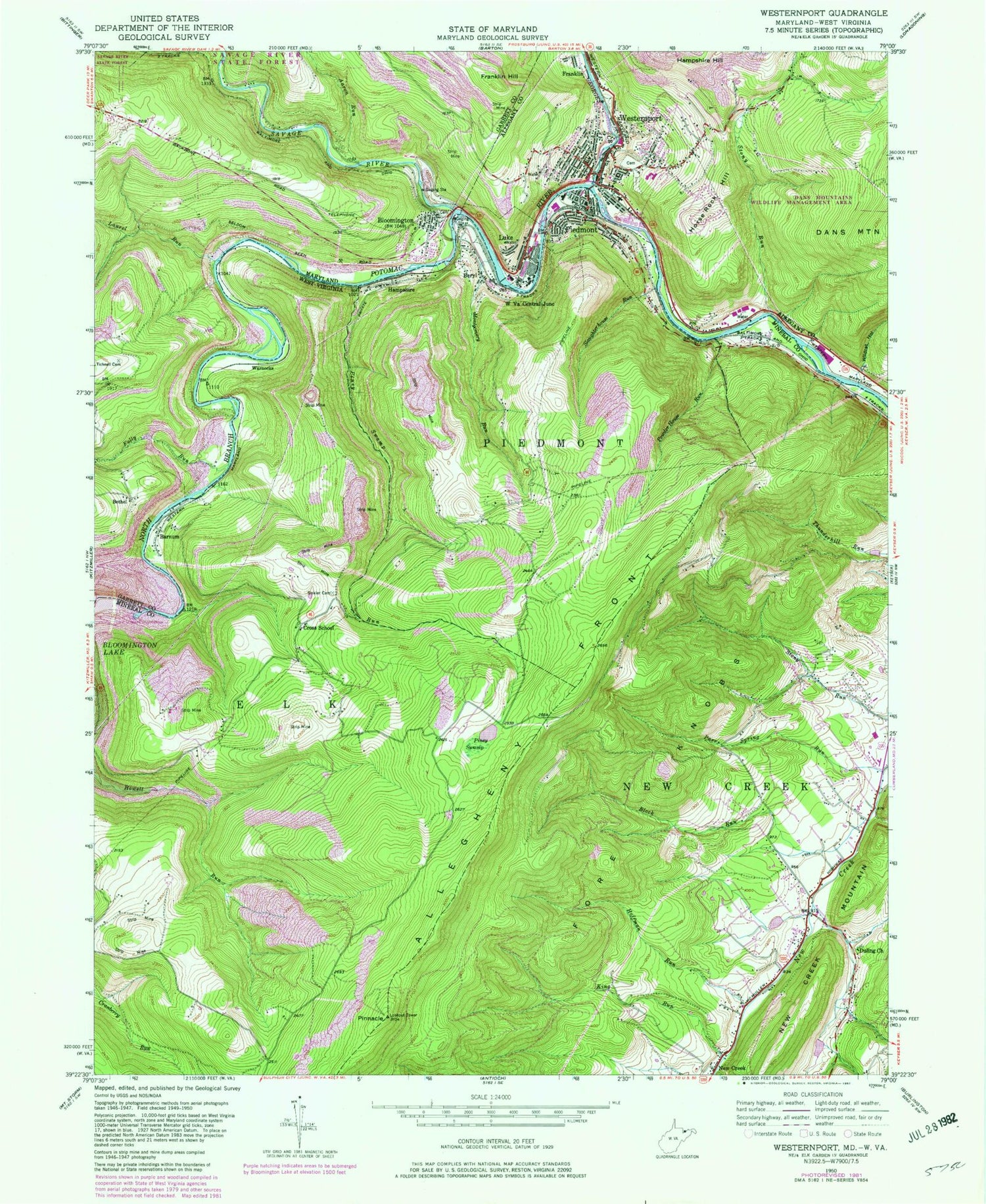 Classic USGS Westernport Maryland 7.5'x7.5' Topo Map Image