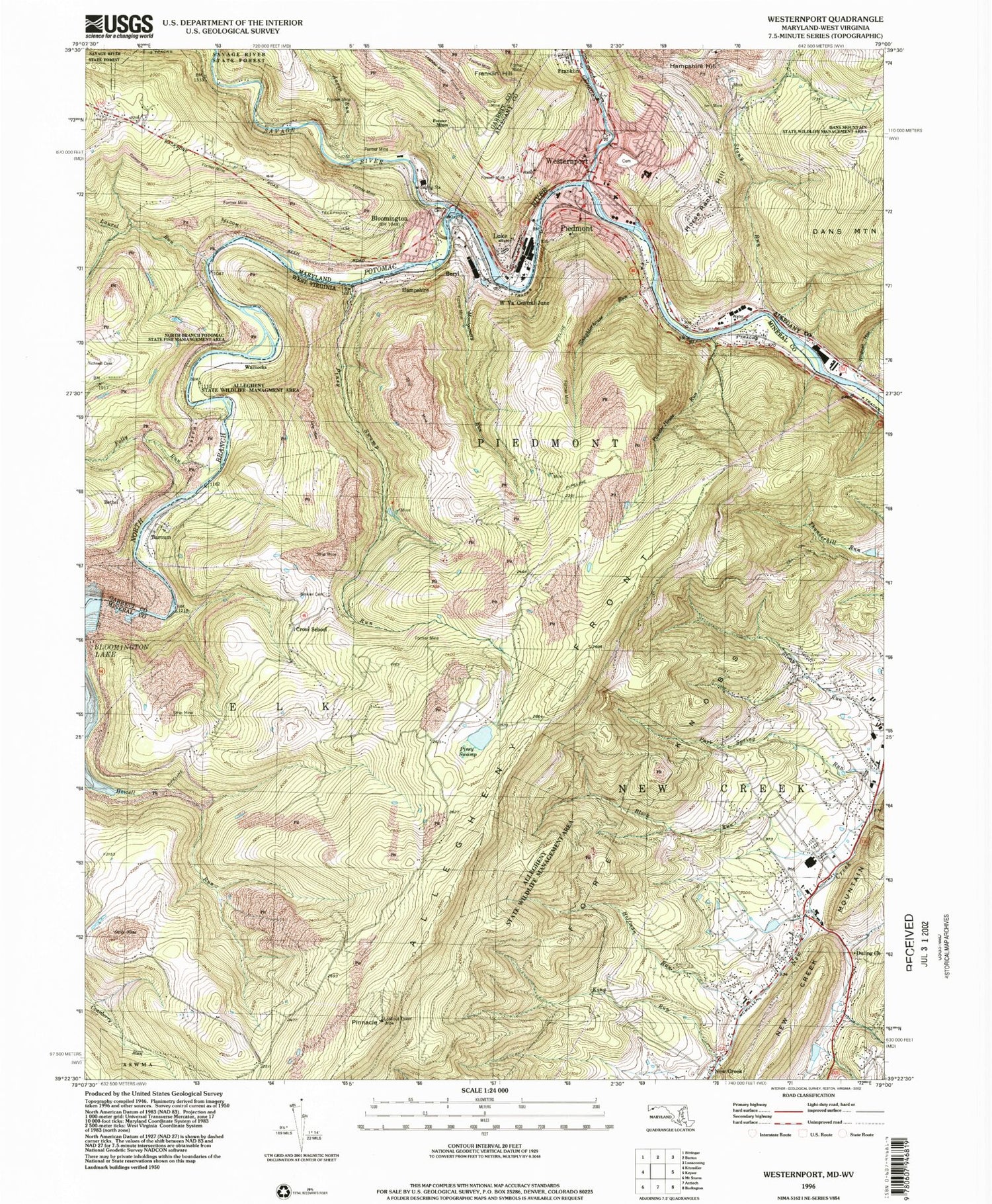 Classic USGS Westernport Maryland 7.5'x7.5' Topo Map Image
