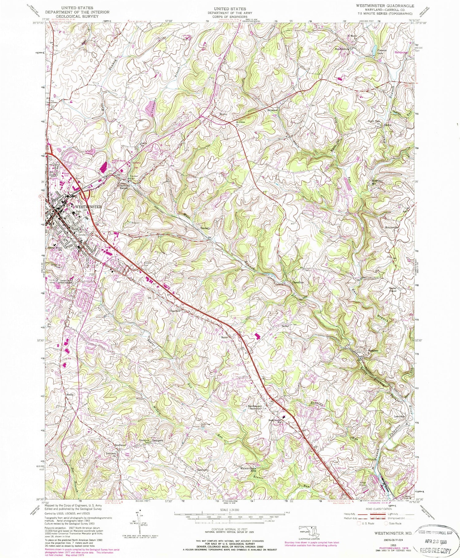 Classic USGS Westminster Maryland 7.5'x7.5' Topo Map Image