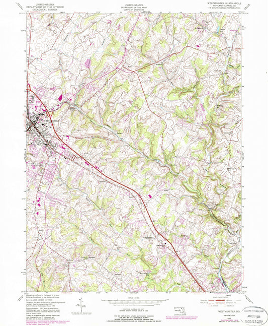 Classic USGS Westminster Maryland 7.5'x7.5' Topo Map Image