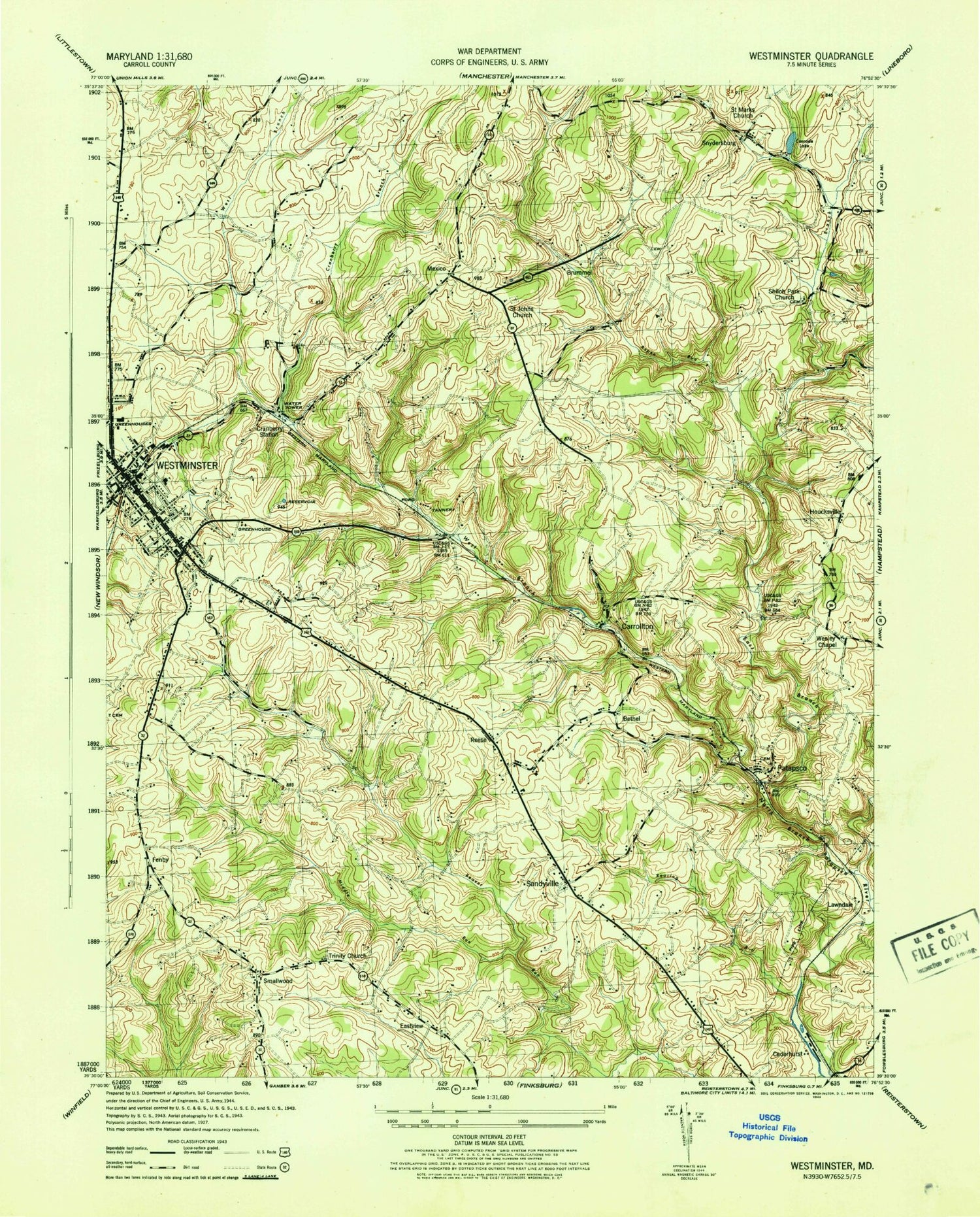 Classic USGS Westminster Maryland 7.5'x7.5' Topo Map Image