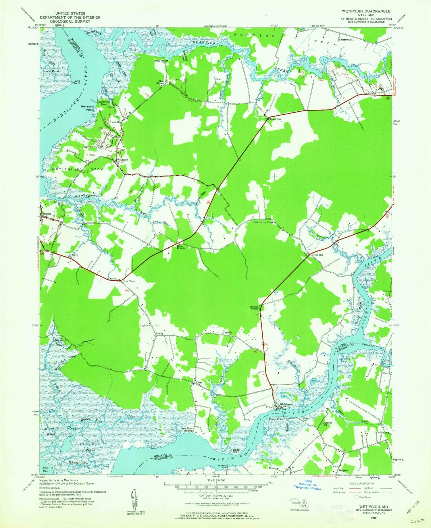 Classic USGS Wetipquin Maryland 7.5'x7.5' Topo Map Image
