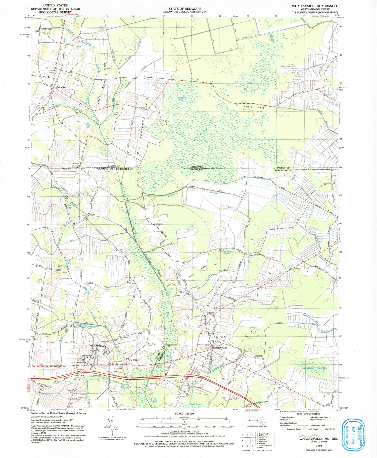 Classic USGS Whaleyville Maryland 7.5'x7.5' Topo Map Image