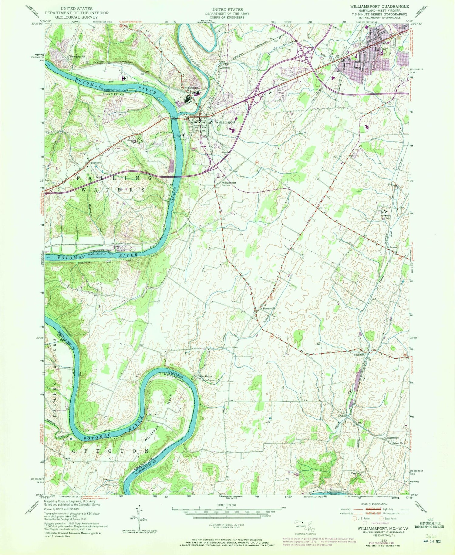 Classic USGS Williamsport Maryland 7.5'x7.5' Topo Map Image