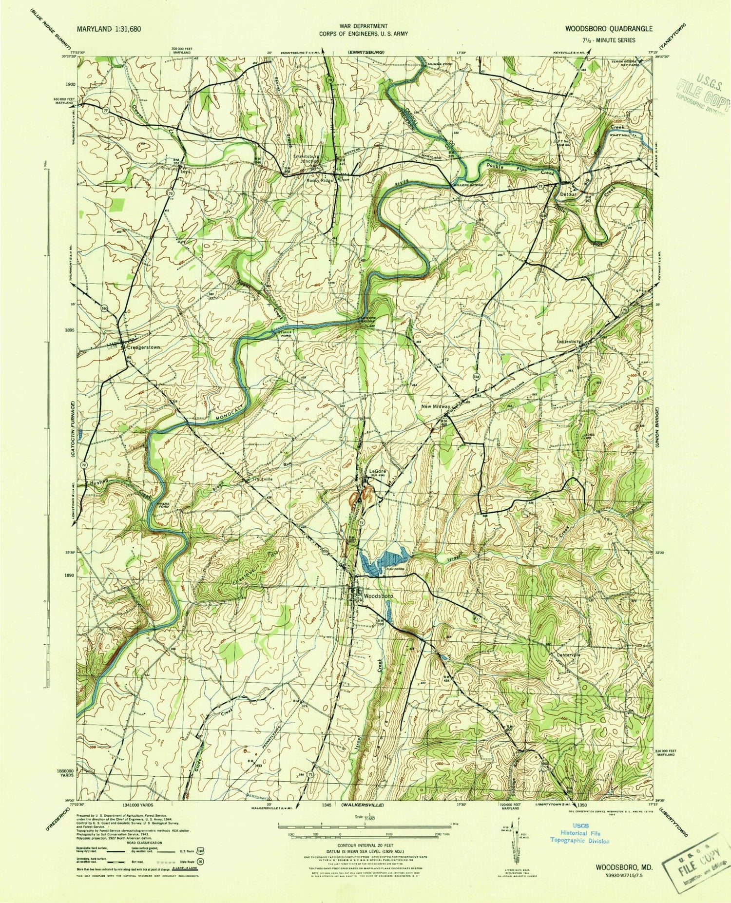 Classic USGS Woodsboro Maryland 7.5'x7.5' Topo Map Image