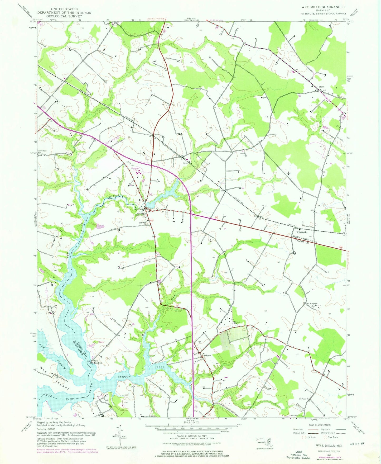 Classic USGS Wye Mills Maryland 7.5'x7.5' Topo Map Image