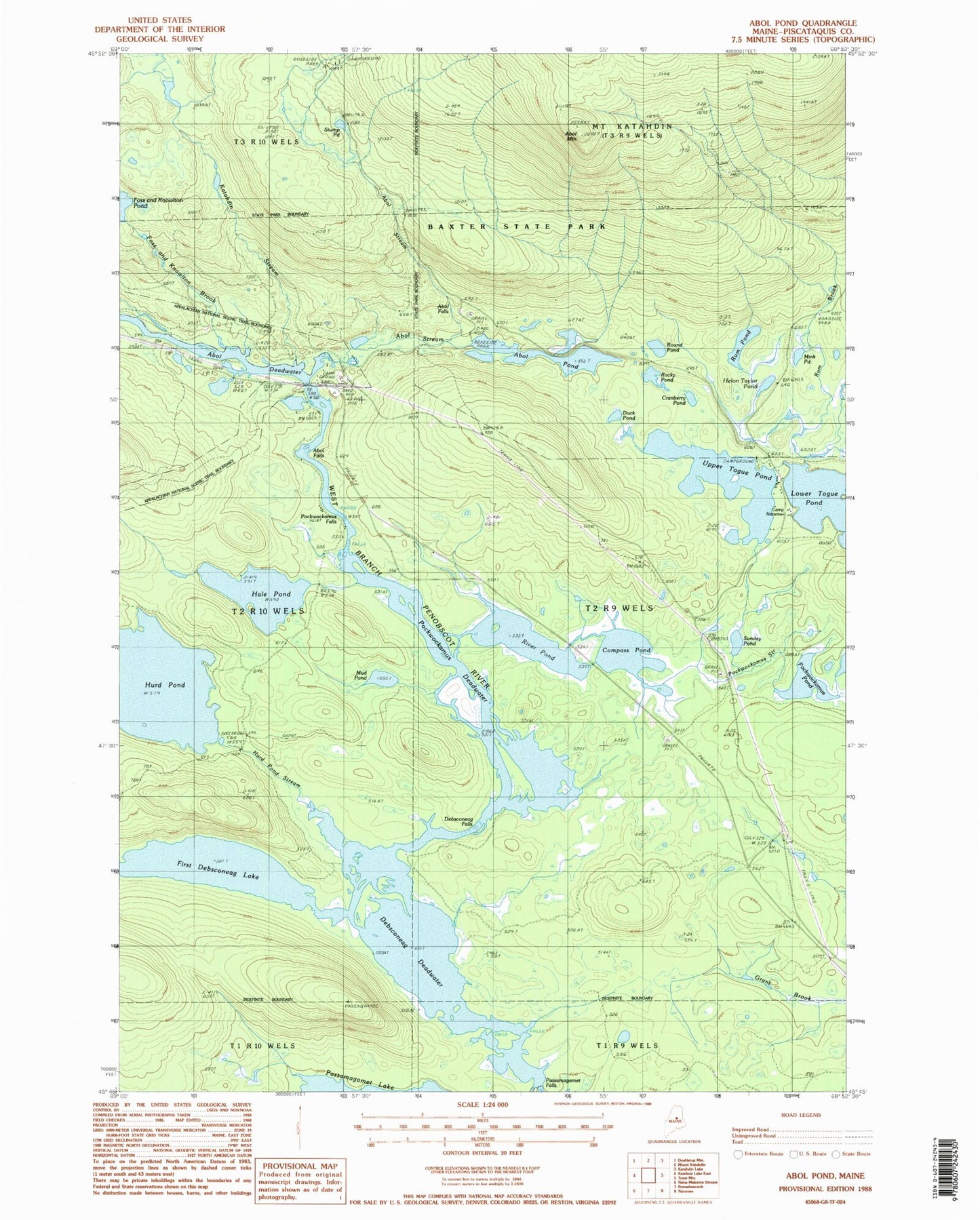Classic USGS Abol Pond Maine 7.5'x7.5' Topo Map Image