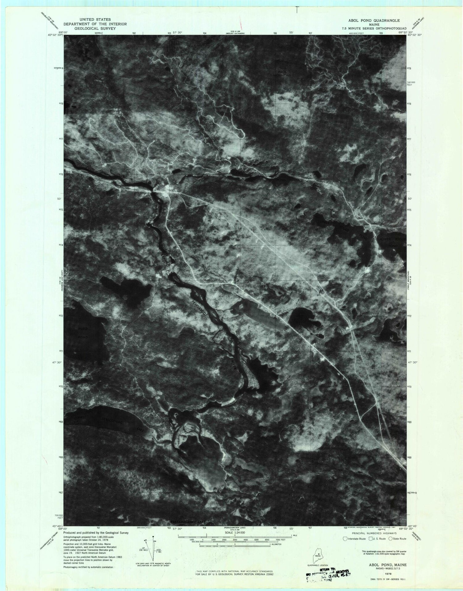 Classic USGS Abol Pond Maine 7.5'x7.5' Topo Map Image