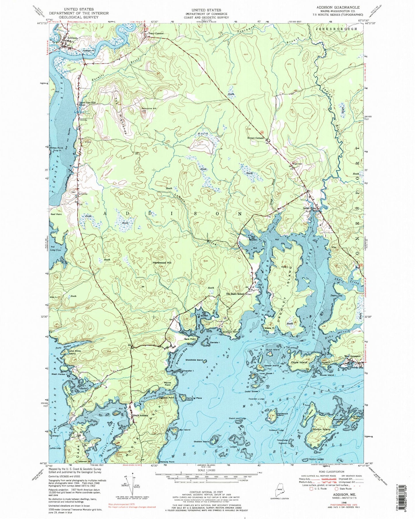 Classic USGS Addison Maine 7.5'x7.5' Topo Map Image