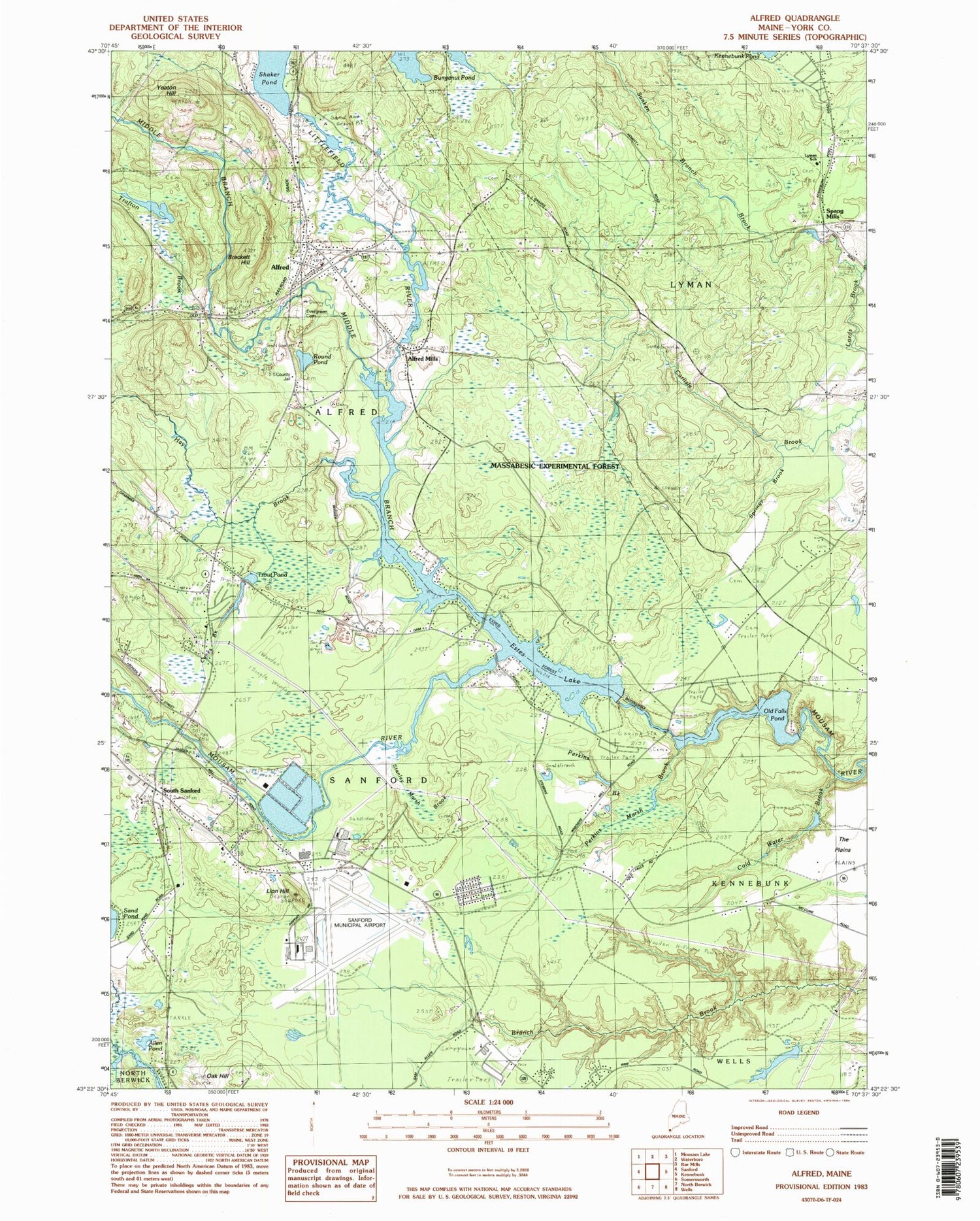 Classic USGS Alfred Maine 7.5'x7.5' Topo Map Image