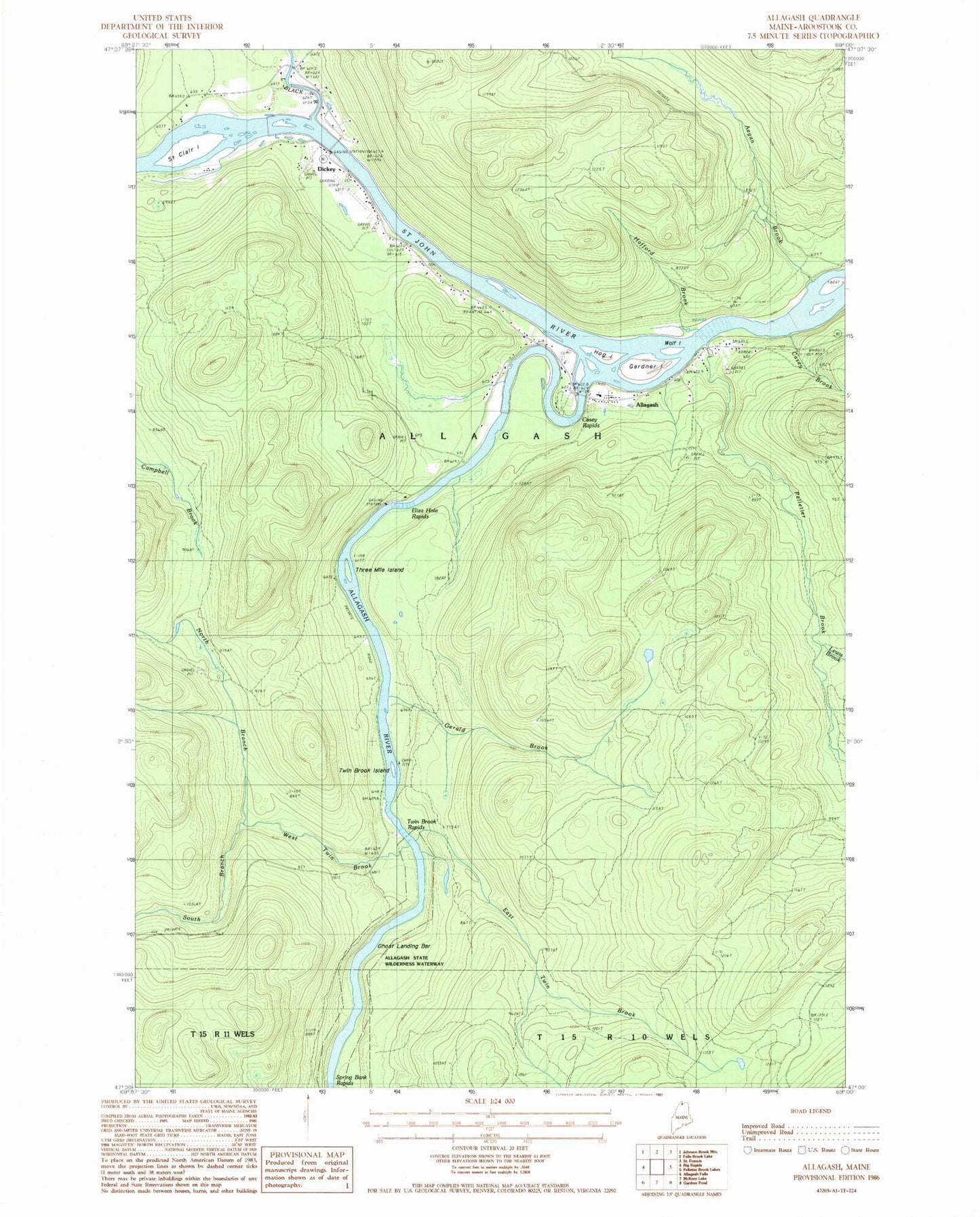 Classic USGS Allagash Maine 7.5'x7.5' Topo Map Image