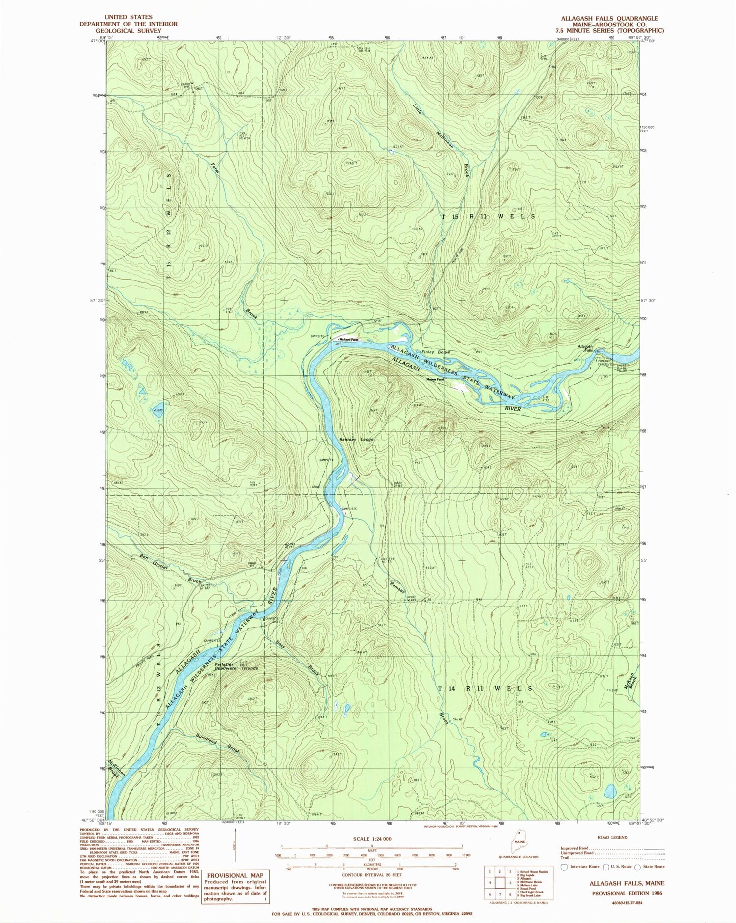 Classic USGS Allagash Falls Maine 7.5'x7.5' Topo Map Image