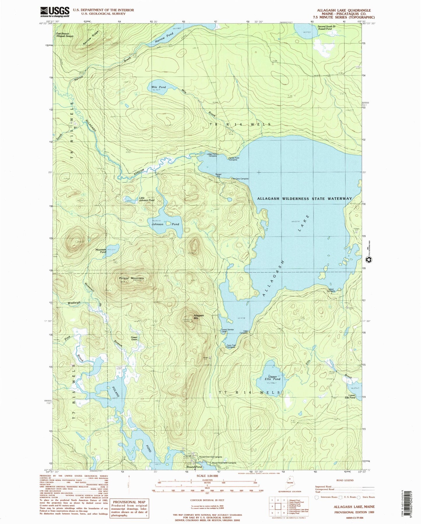 Classic USGS Allagash Lake Maine 7.5'x7.5' Topo Map Image