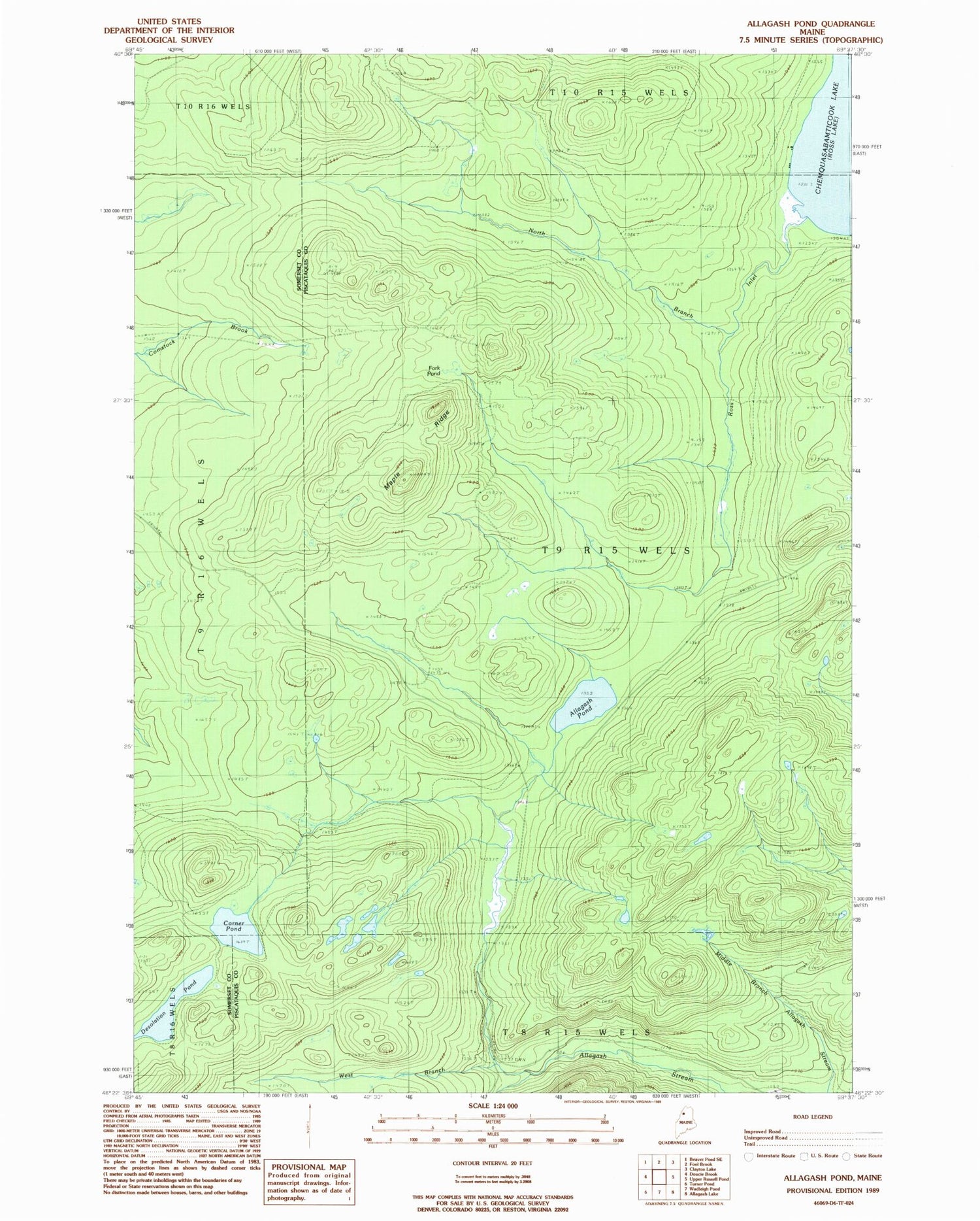 Classic USGS Allagash Pond Maine 7.5'x7.5' Topo Map Image