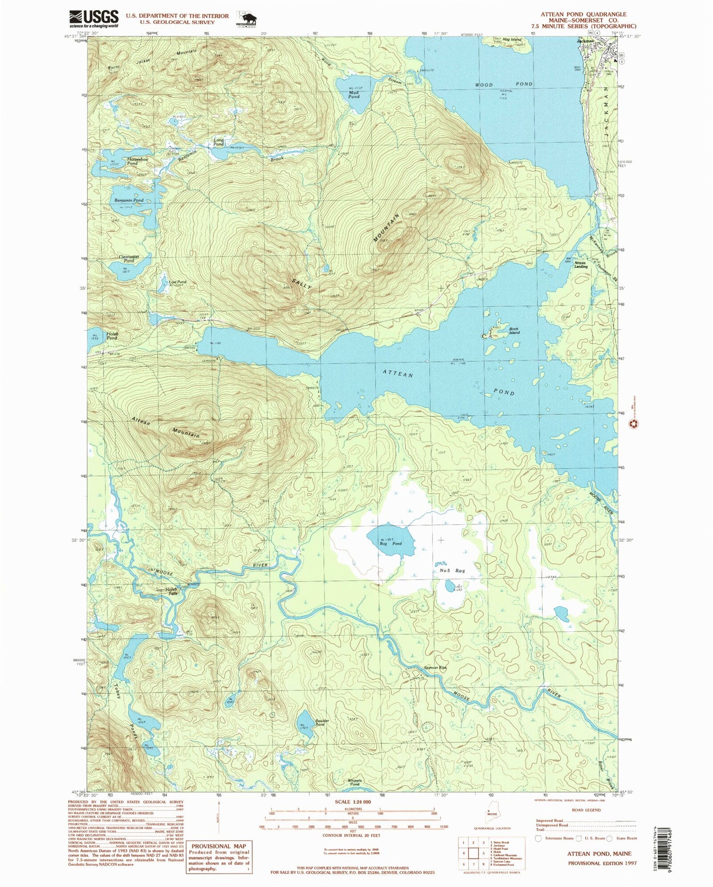 USGS Classic Attean Pond Maine 7.5'x7.5' Topo Map Image