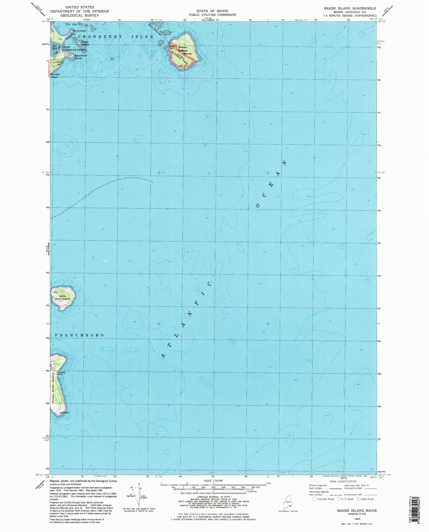 Classic USGS Baker Island Maine 7.5'x7.5' Topo Map Image