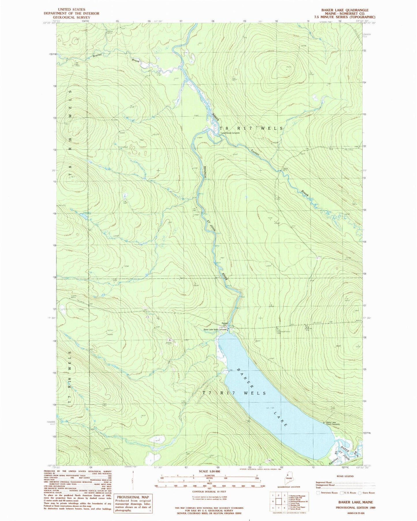 Classic USGS Baker Lake Maine 7.5'x7.5' Topo Map Image