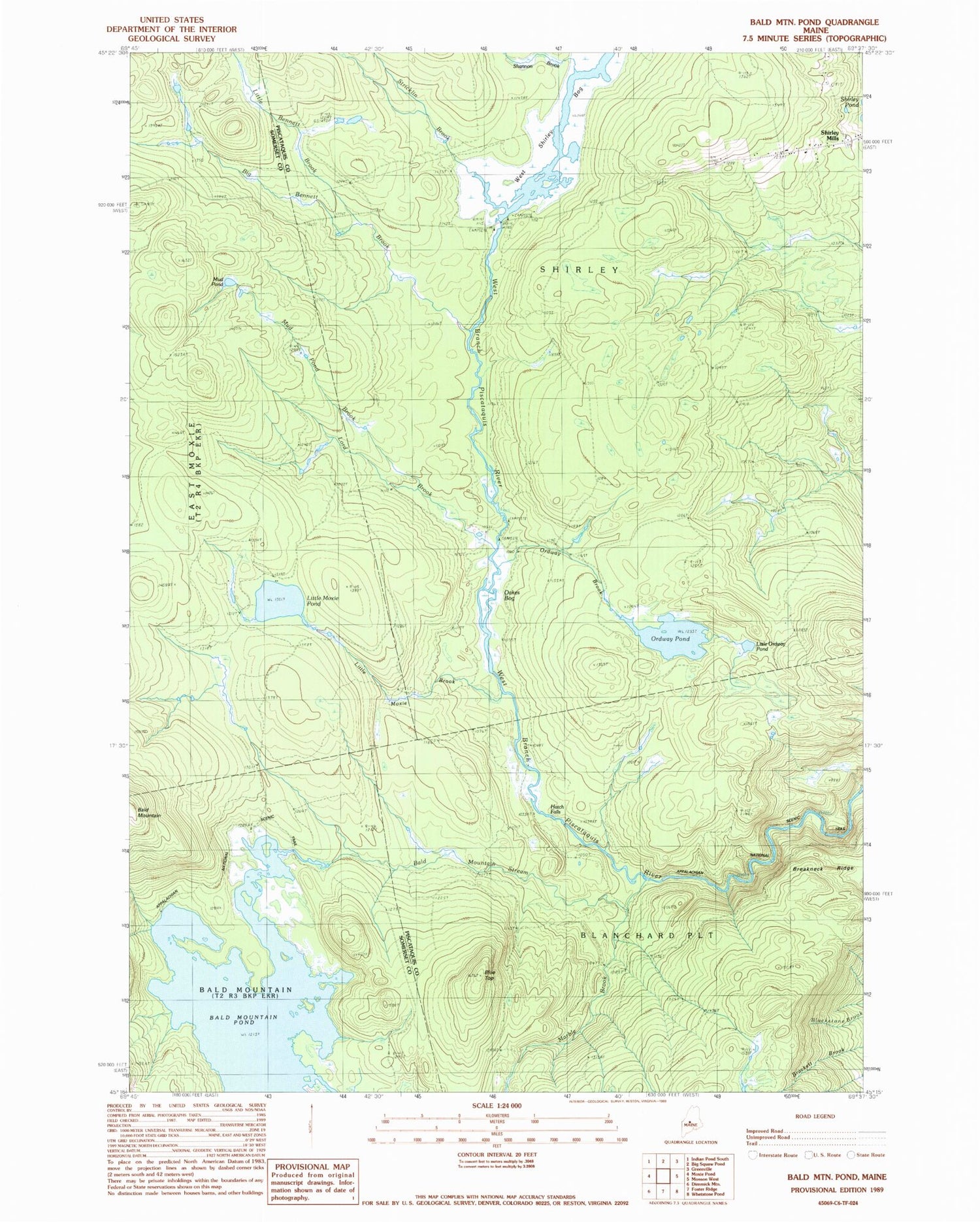 Classic USGS Bald Mountain Pond Maine 7.5'x7.5' Topo Map Image