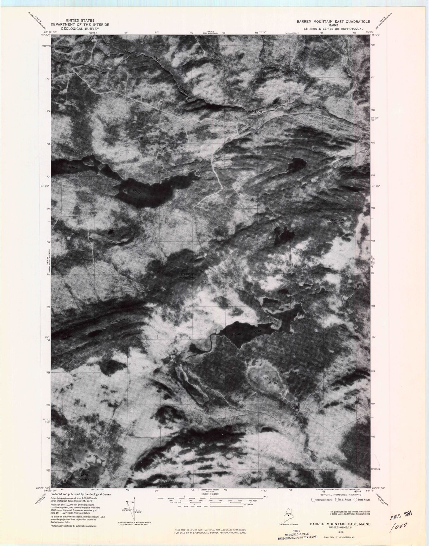Classic USGS Barren Mountain East Maine 7.5'x7.5' Topo Map Image