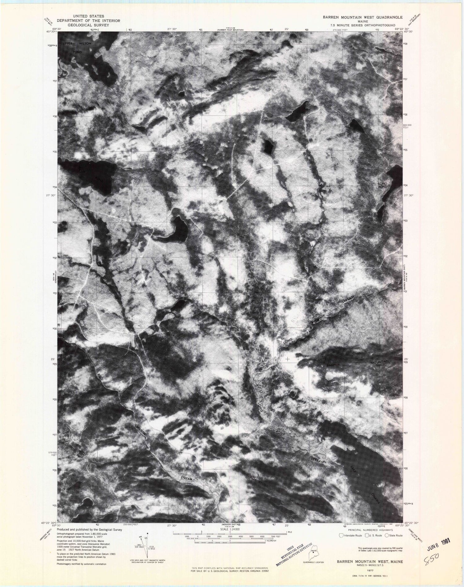 Classic USGS Barren Mountain West Maine 7.5'x7.5' Topo Map Image