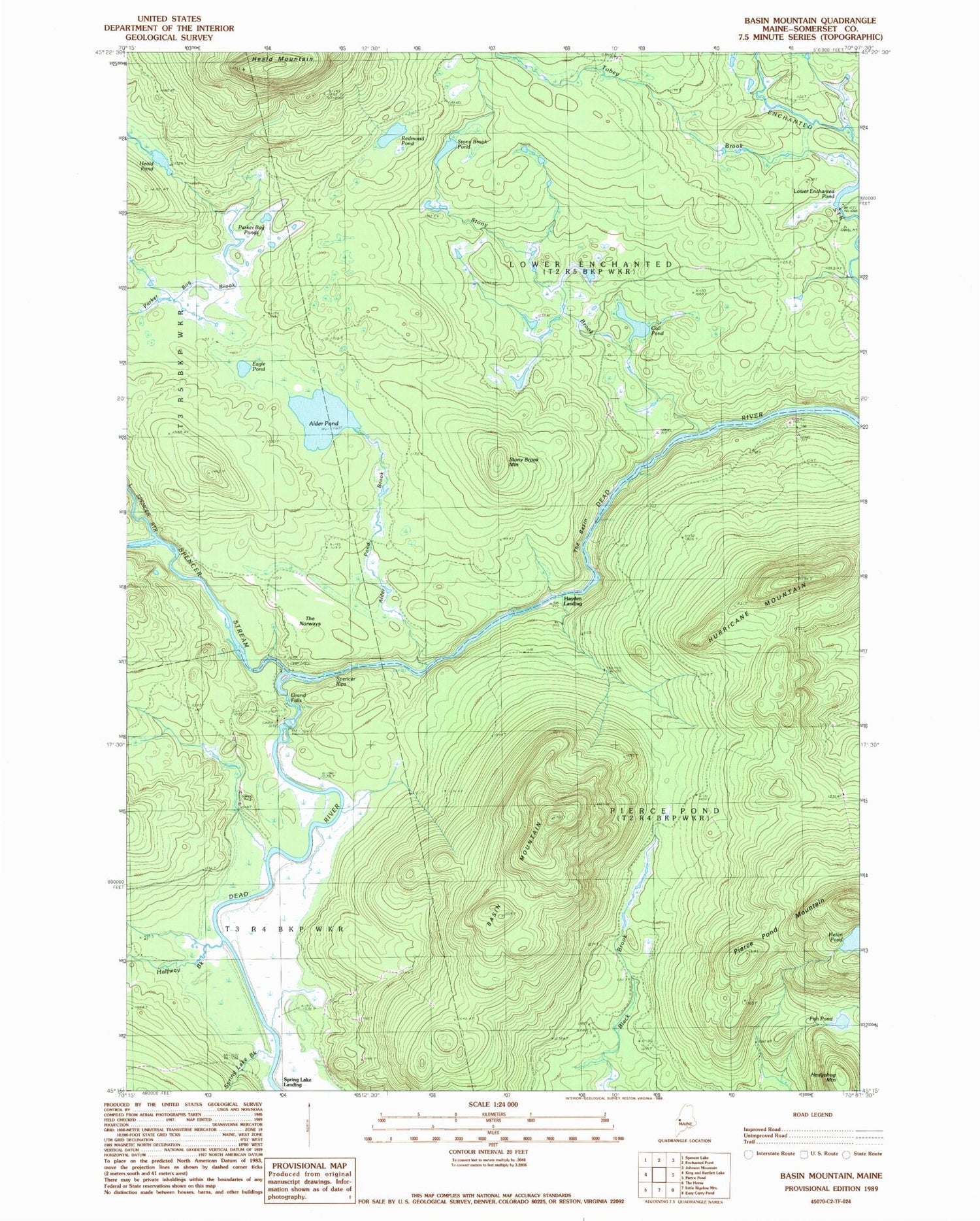 Classic USGS Basin Mountain Maine 7.5'x7.5' Topo Map Image