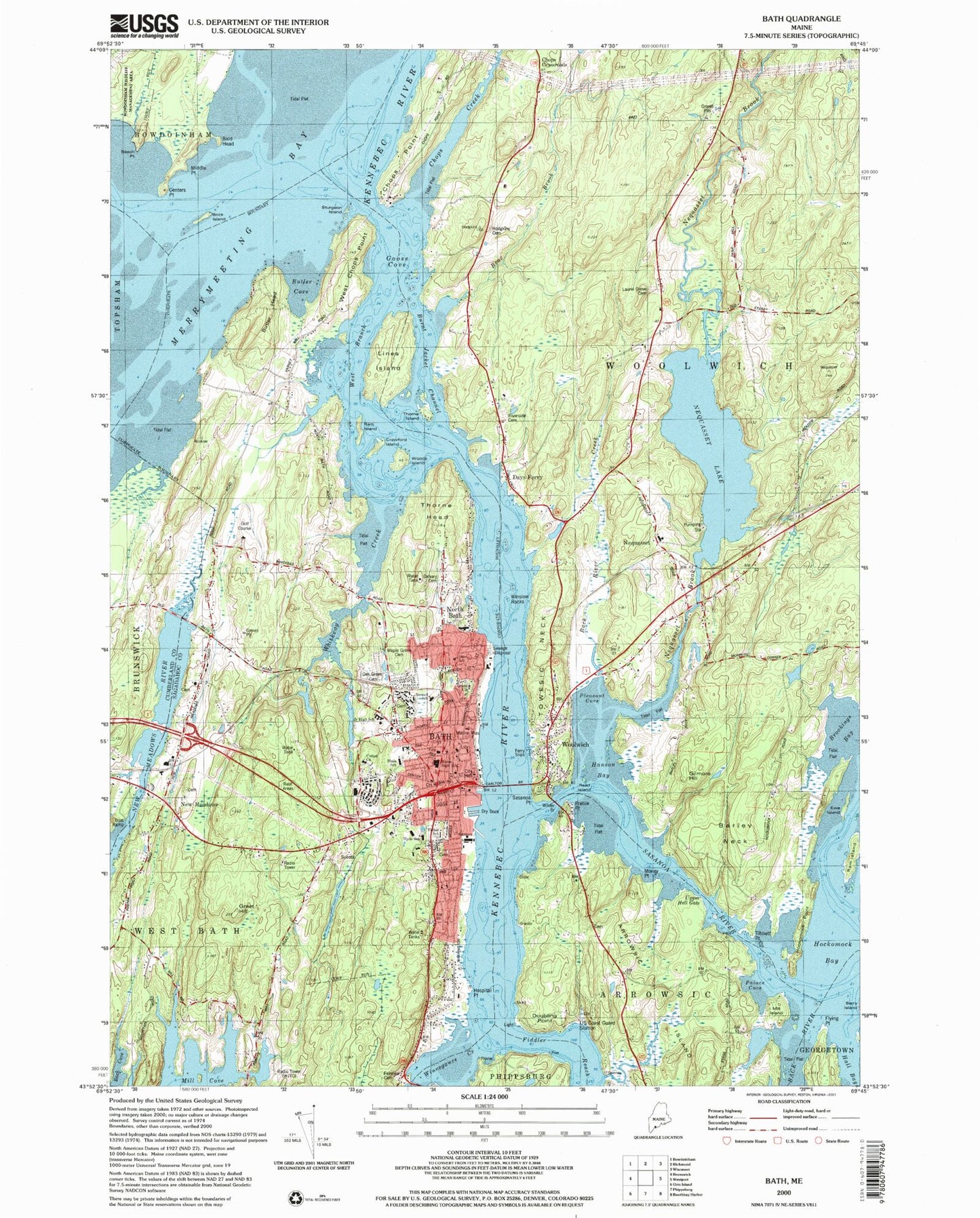 Classic USGS Bath Maine 7.5'x7.5' Topo Map Image