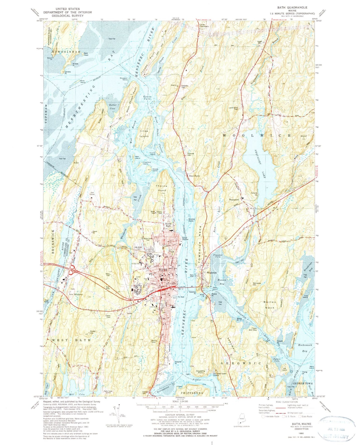Classic USGS Bath Maine 7.5'x7.5' Topo Map Image