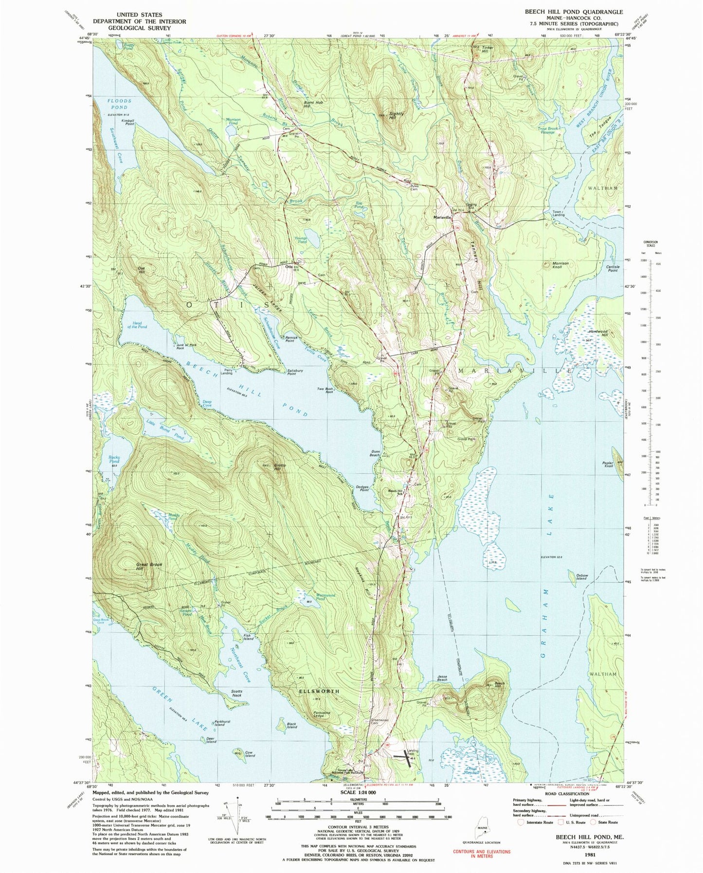Classic USGS Beech Hill Pond Maine 7.5'x7.5' Topo Map Image