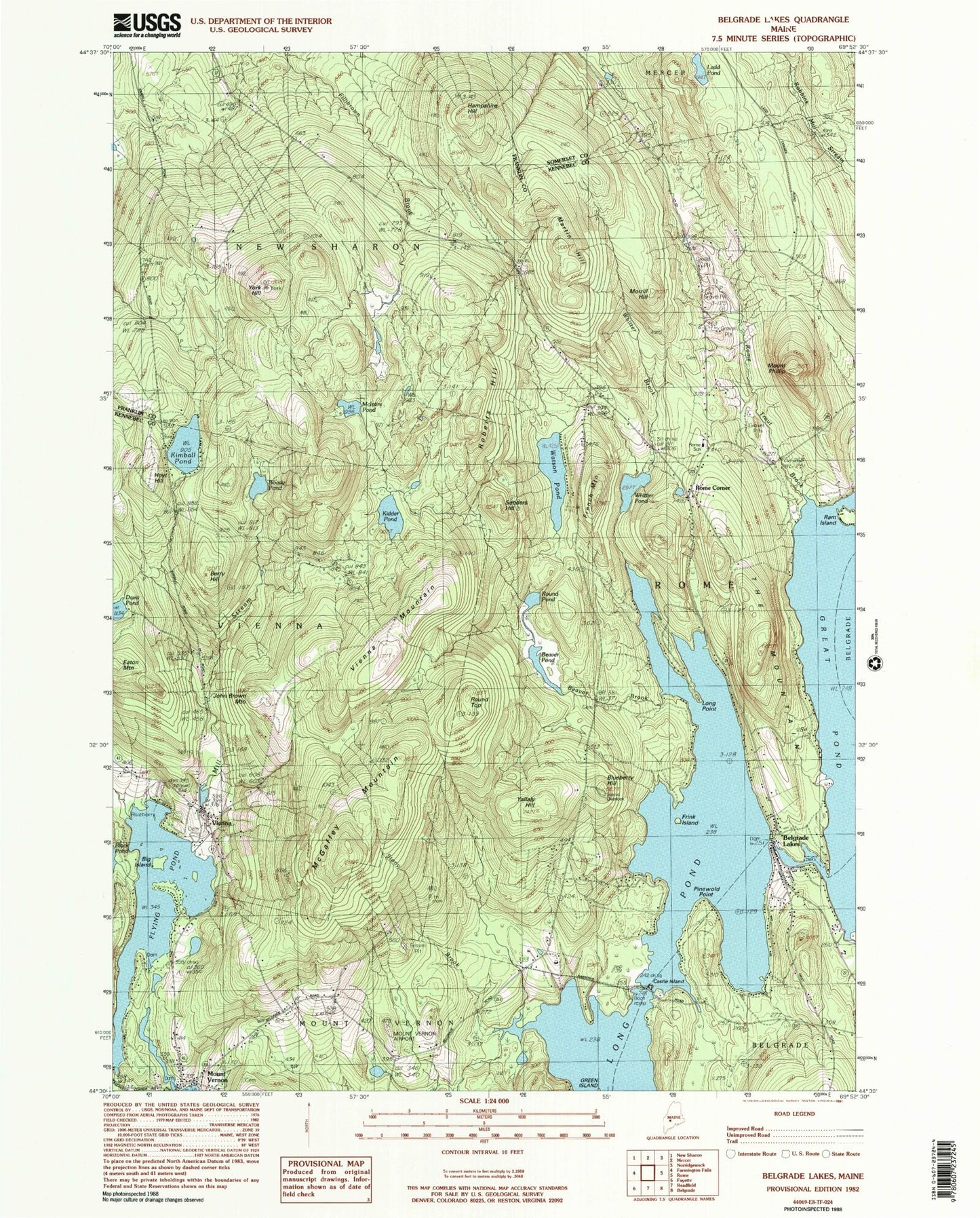Classic USGS Belgrade Lakes Maine 7.5'x7.5' Topo Map Image