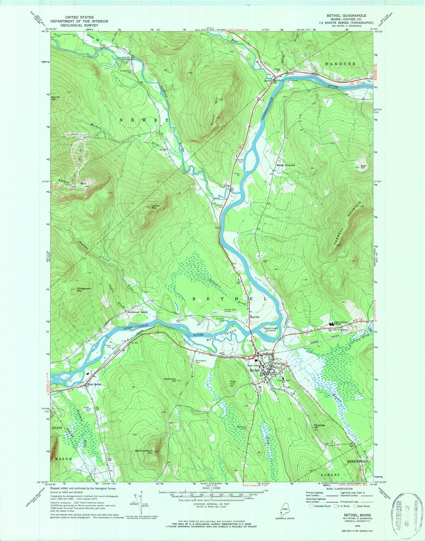 Classic USGS Bethel Maine 7.5'x7.5' Topo Map Image