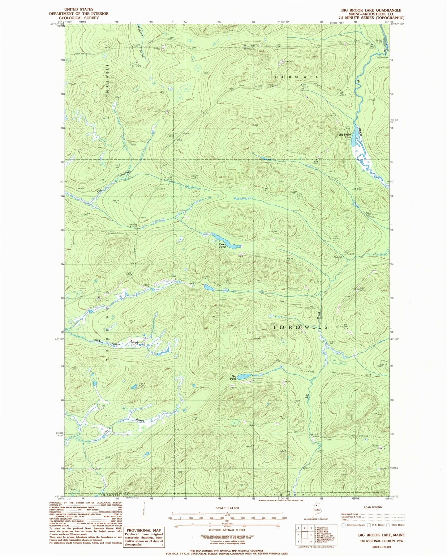 Classic USGS Big Brook Lake Maine 7.5'x7.5' Topo Map Image