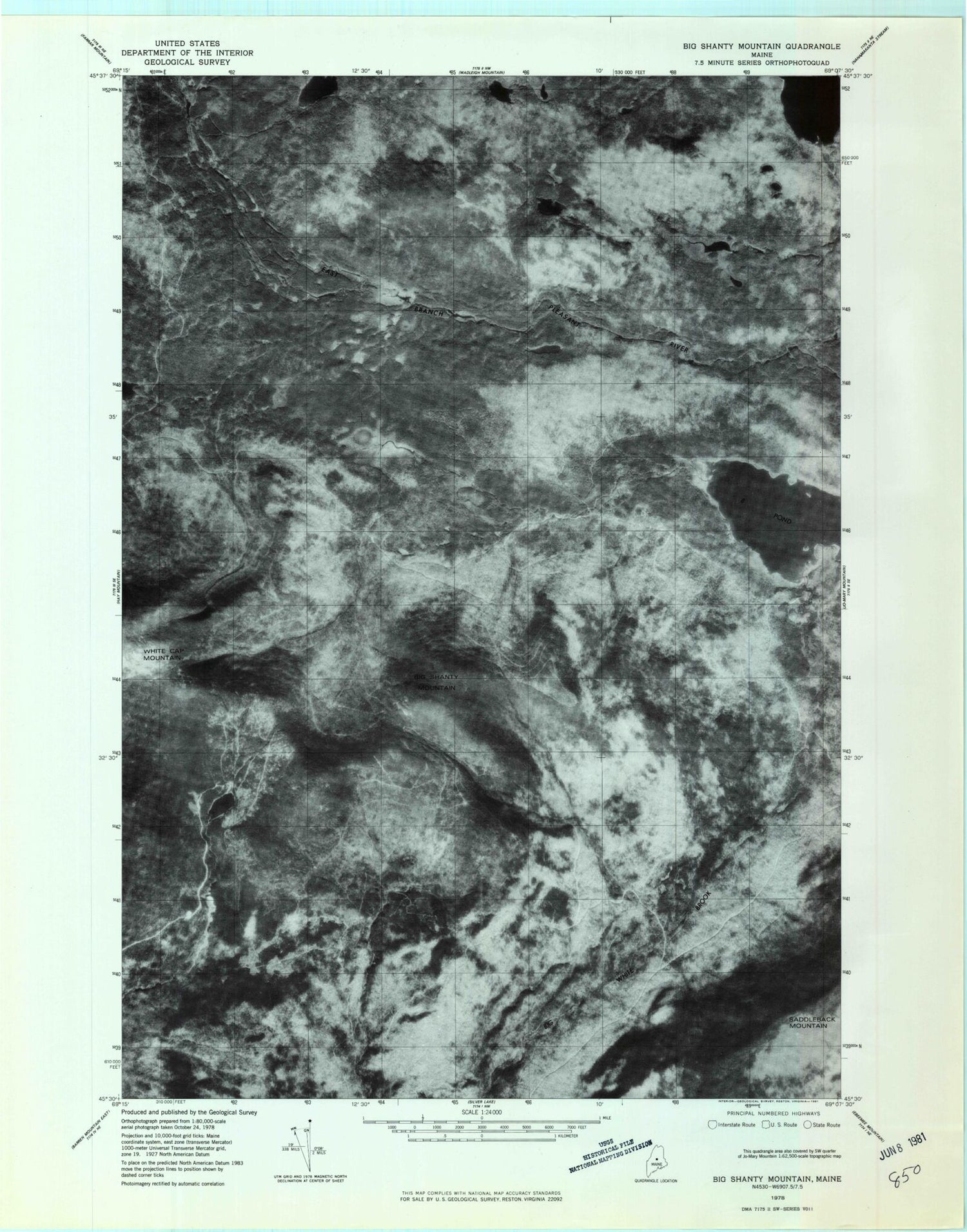 Classic USGS Big Shanty Mountain Maine 7.5'x7.5' Topo Map Image