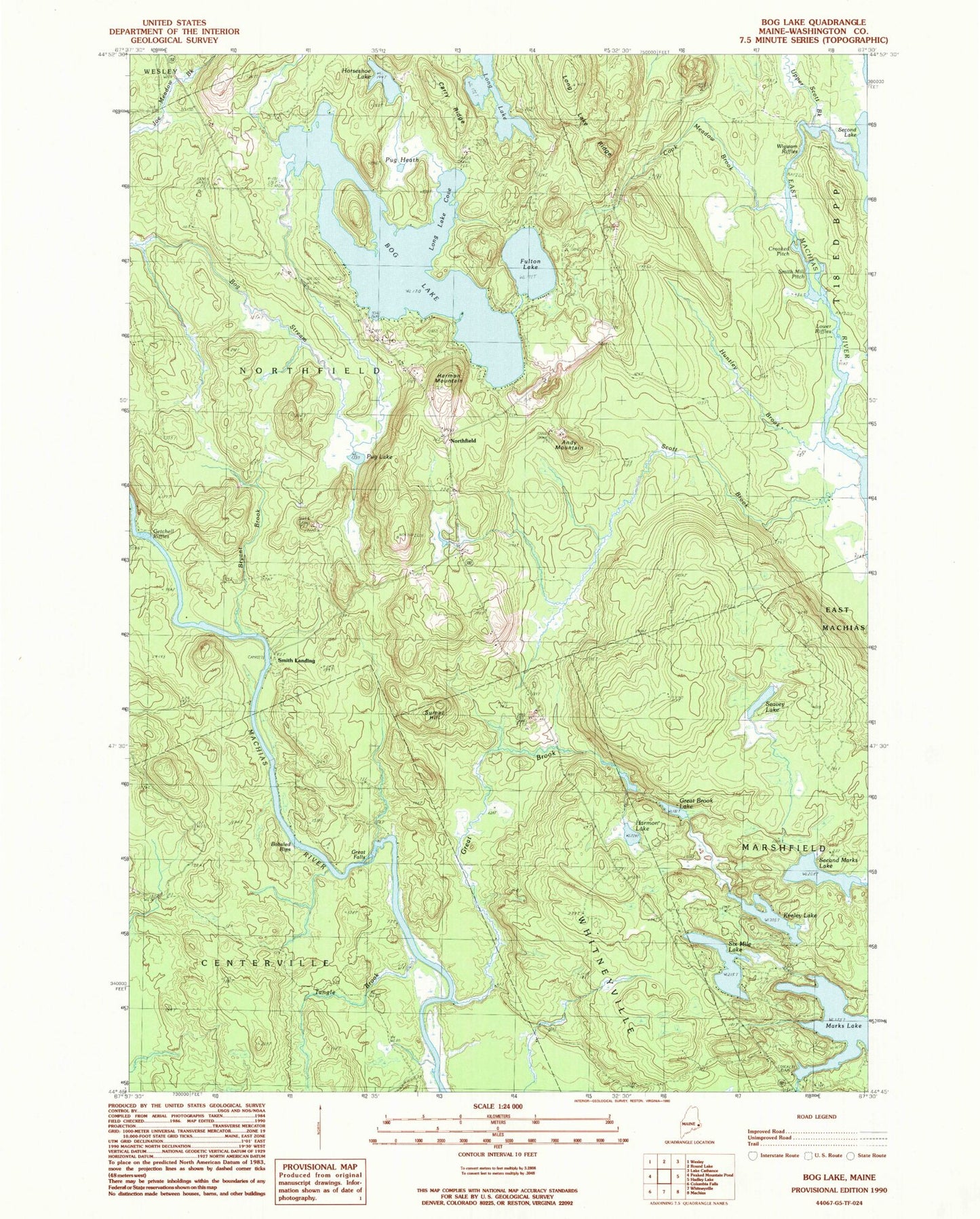 Classic USGS Bog Lake Maine 7.5'x7.5' Topo Map Image