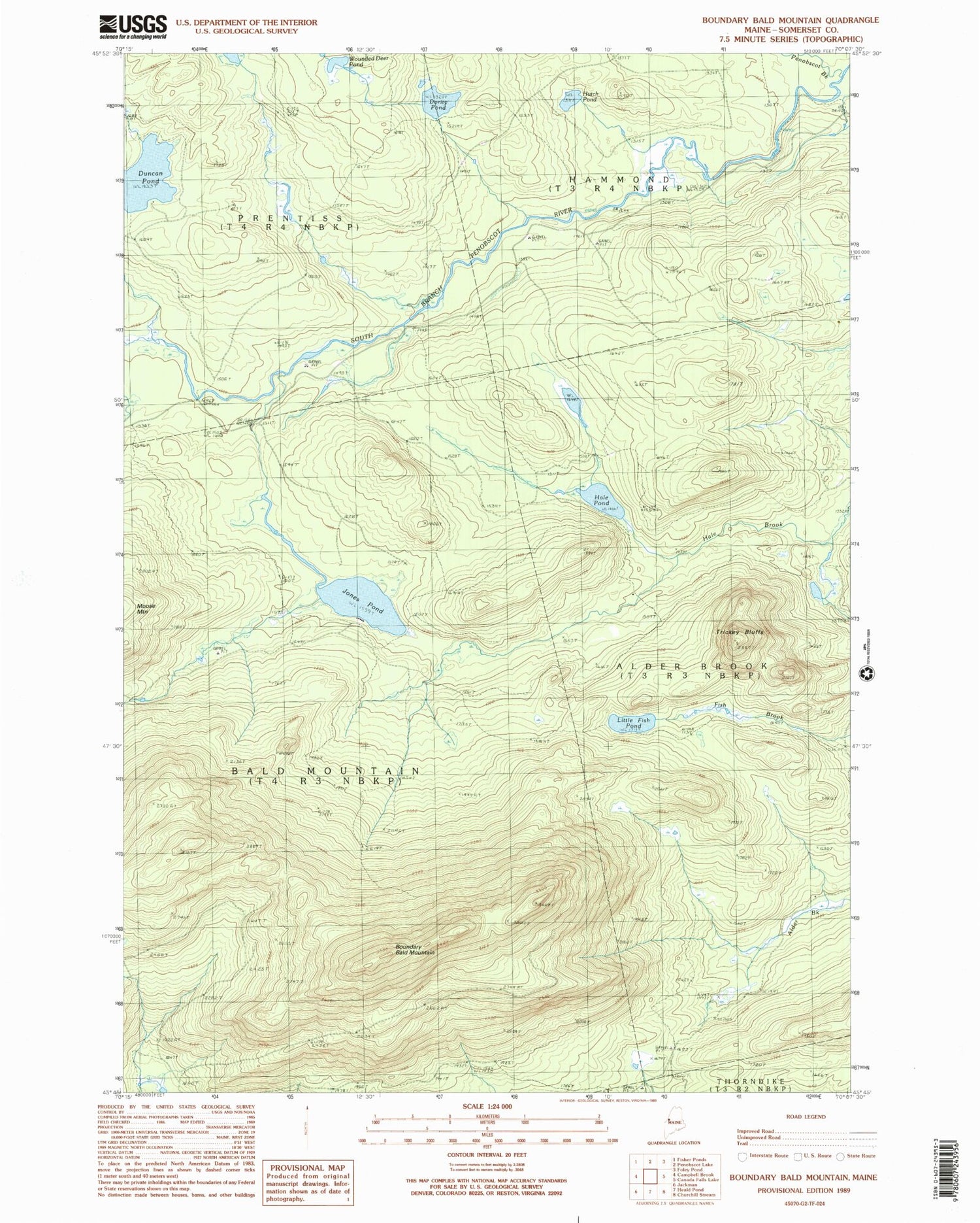 Classic USGS Boundary Bald Mountain Maine 7.5'x7.5' Topo Map Image