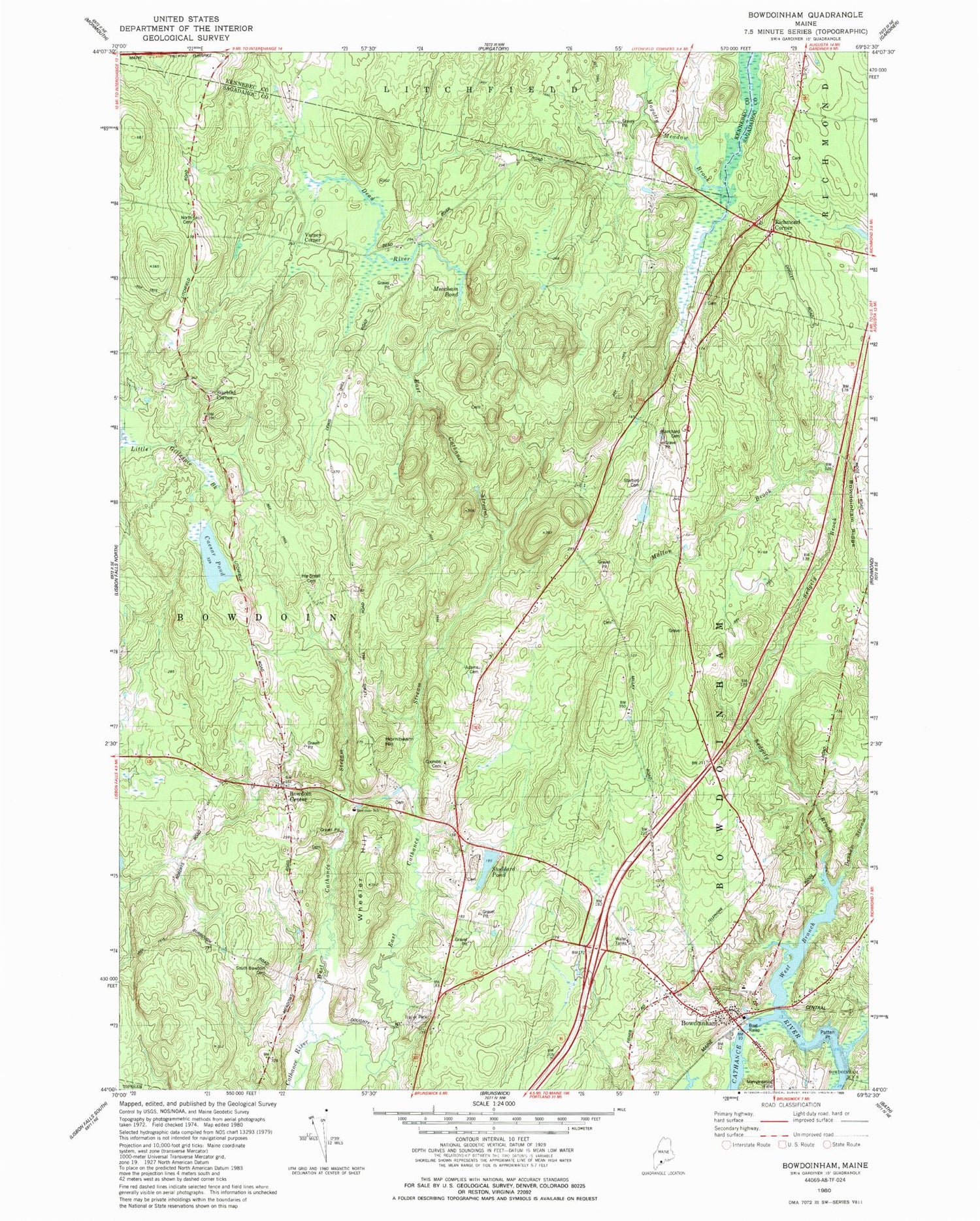 Classic USGS Bowdoinham Maine 7.5'x7.5' Topo Map Image