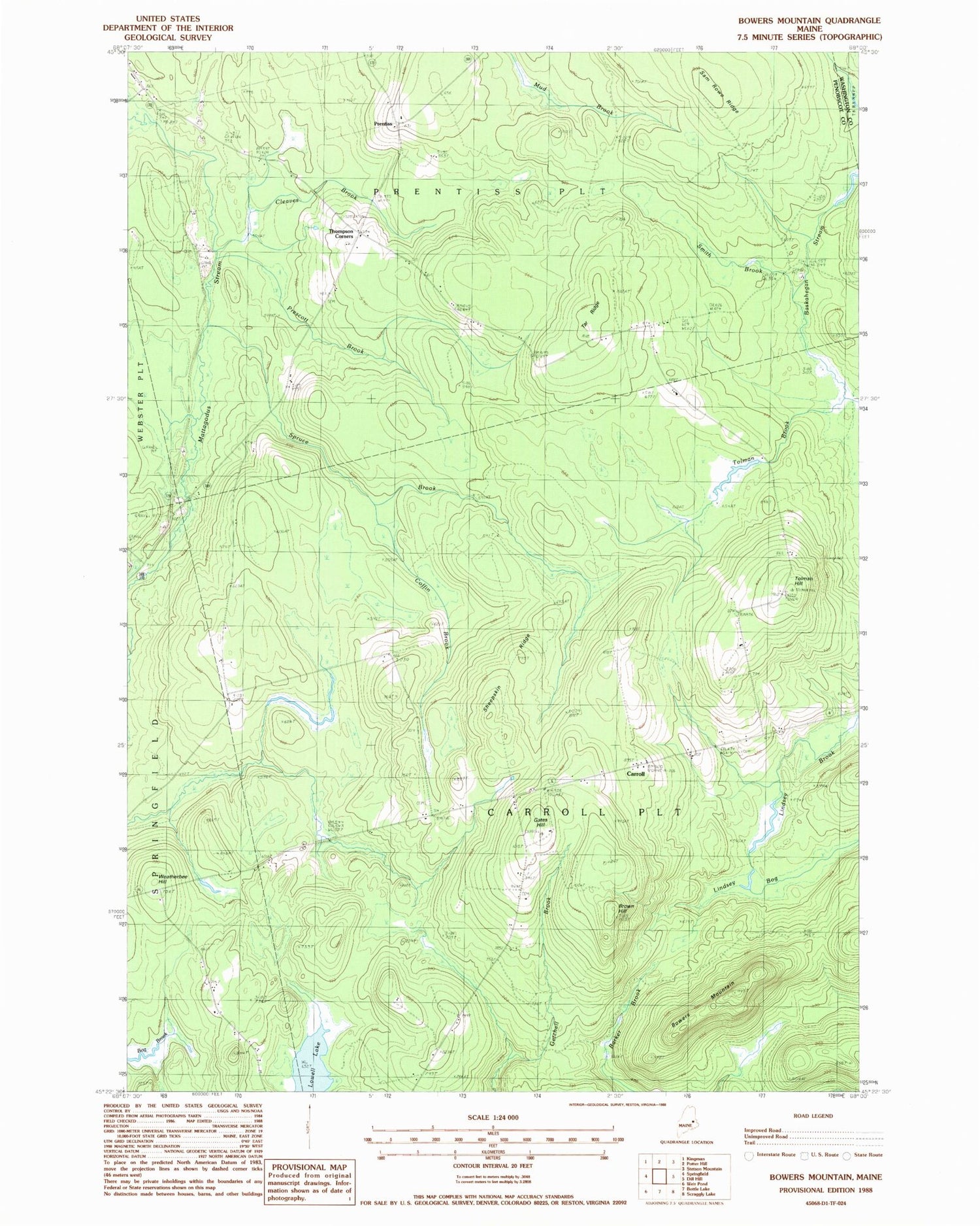 Classic USGS Bowers Mountain Maine 7.5'x7.5' Topo Map Image