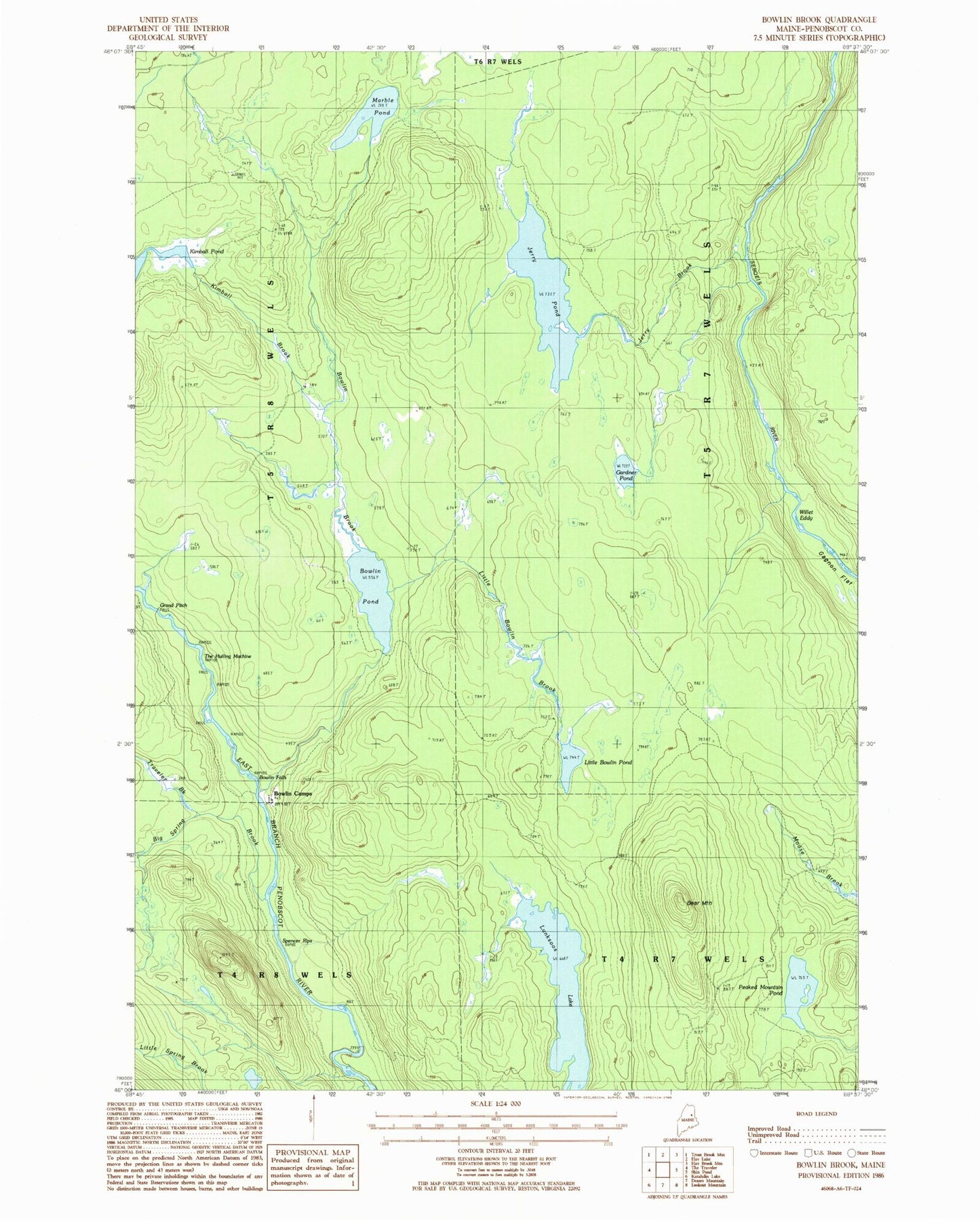 Classic USGS Bowlin Brook Maine 7.5'x7.5' Topo Map Image