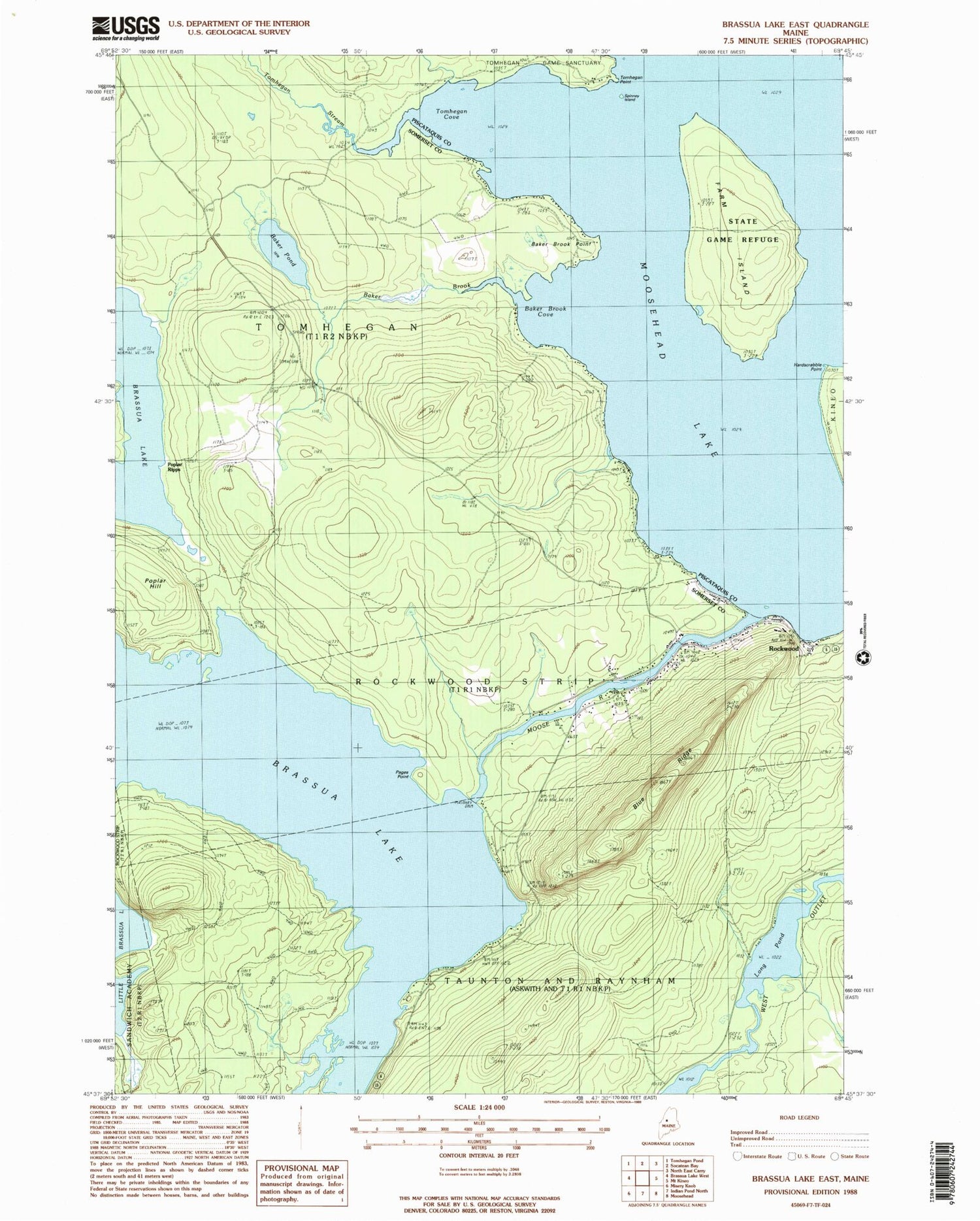 Classic USGS Brassua Lake East Maine 7.5'x7.5' Topo Map Image