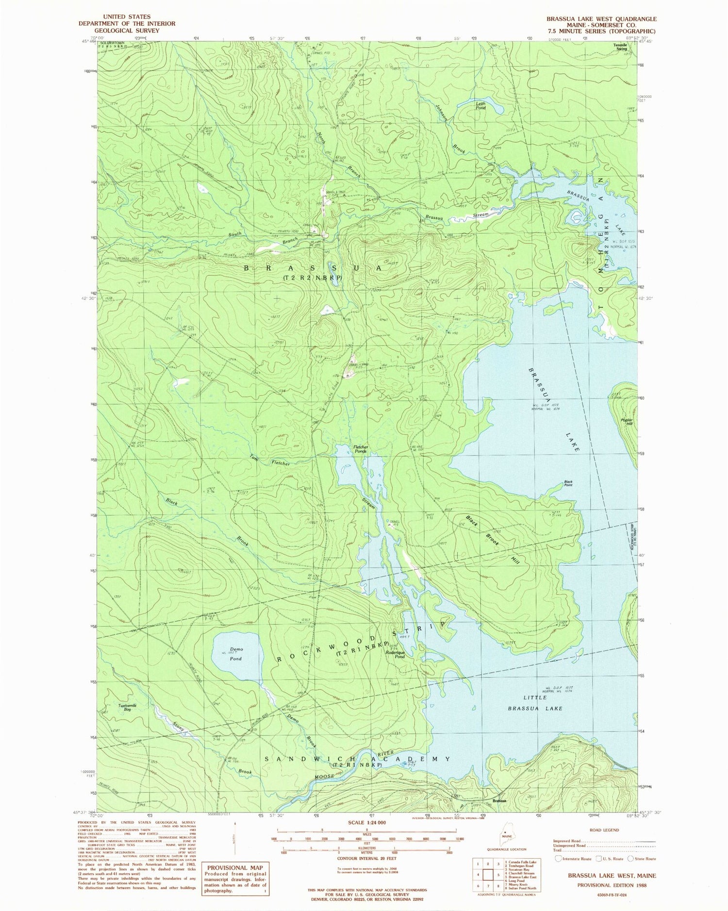 Classic USGS Brassua Lake West Maine 7.5'x7.5' Topo Map Image