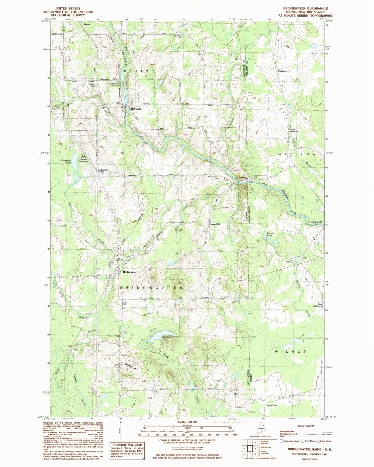 Classic USGS Bridgewater Maine 7.5'x7.5' Topo Map Image