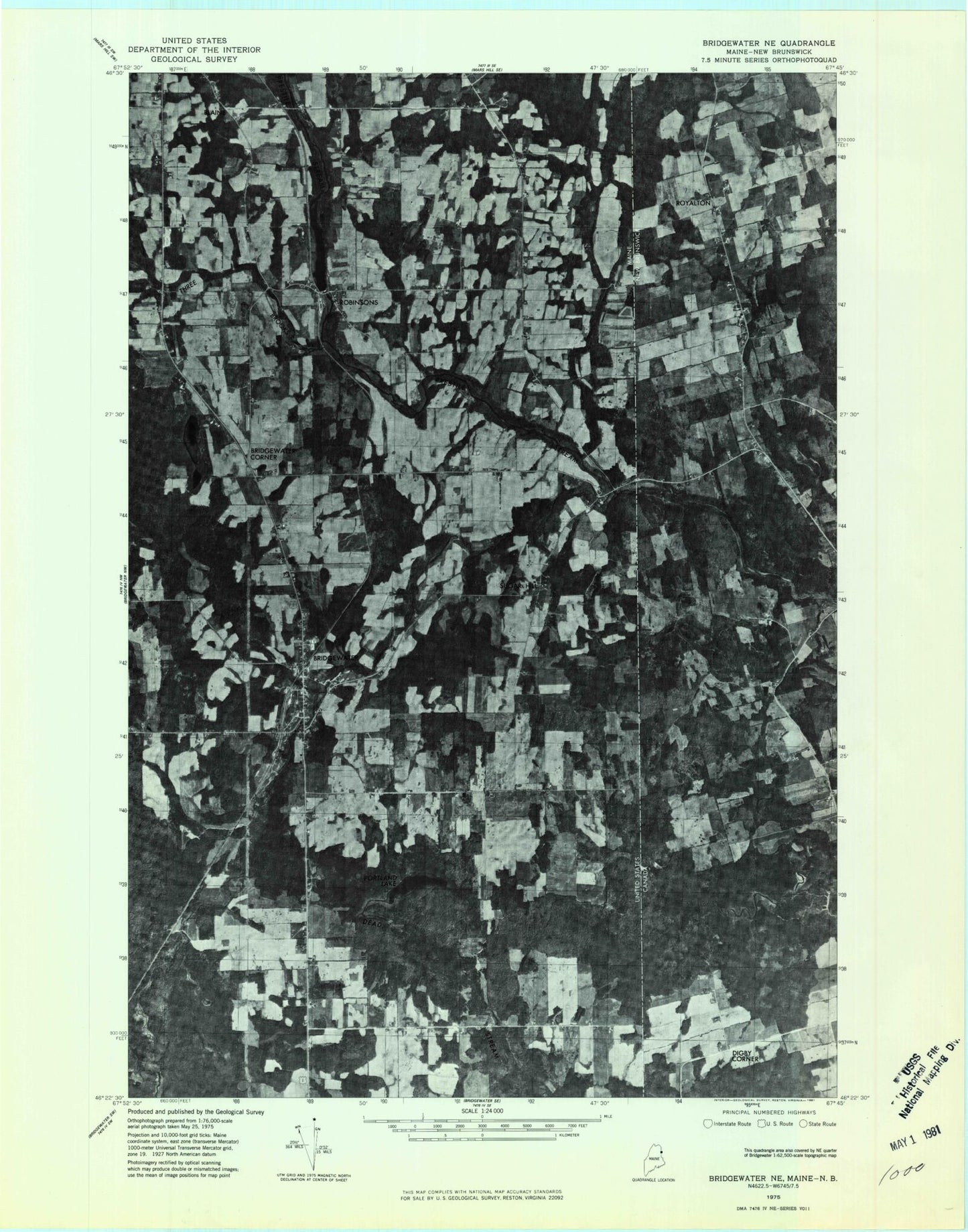 Classic USGS Bridgewater Maine 7.5'x7.5' Topo Map Image