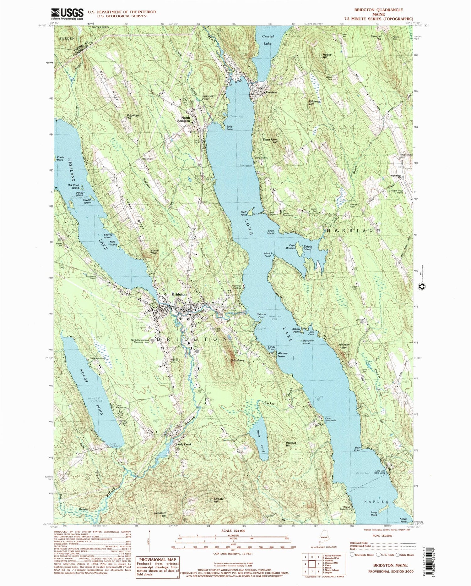 Classic USGS Bridgton Maine 7.5'x7.5' Topo Map Image