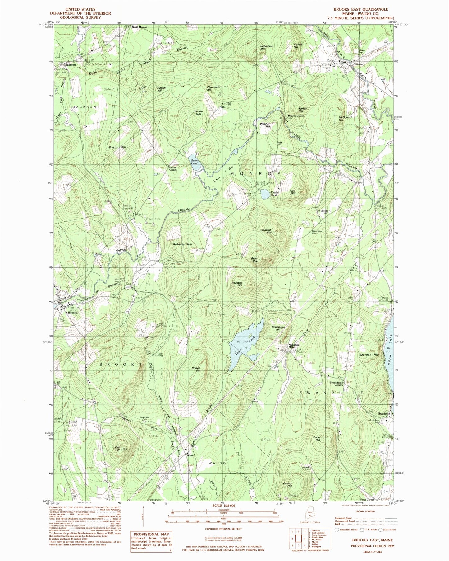 Classic USGS Brooks East Maine 7.5'x7.5' Topo Map Image