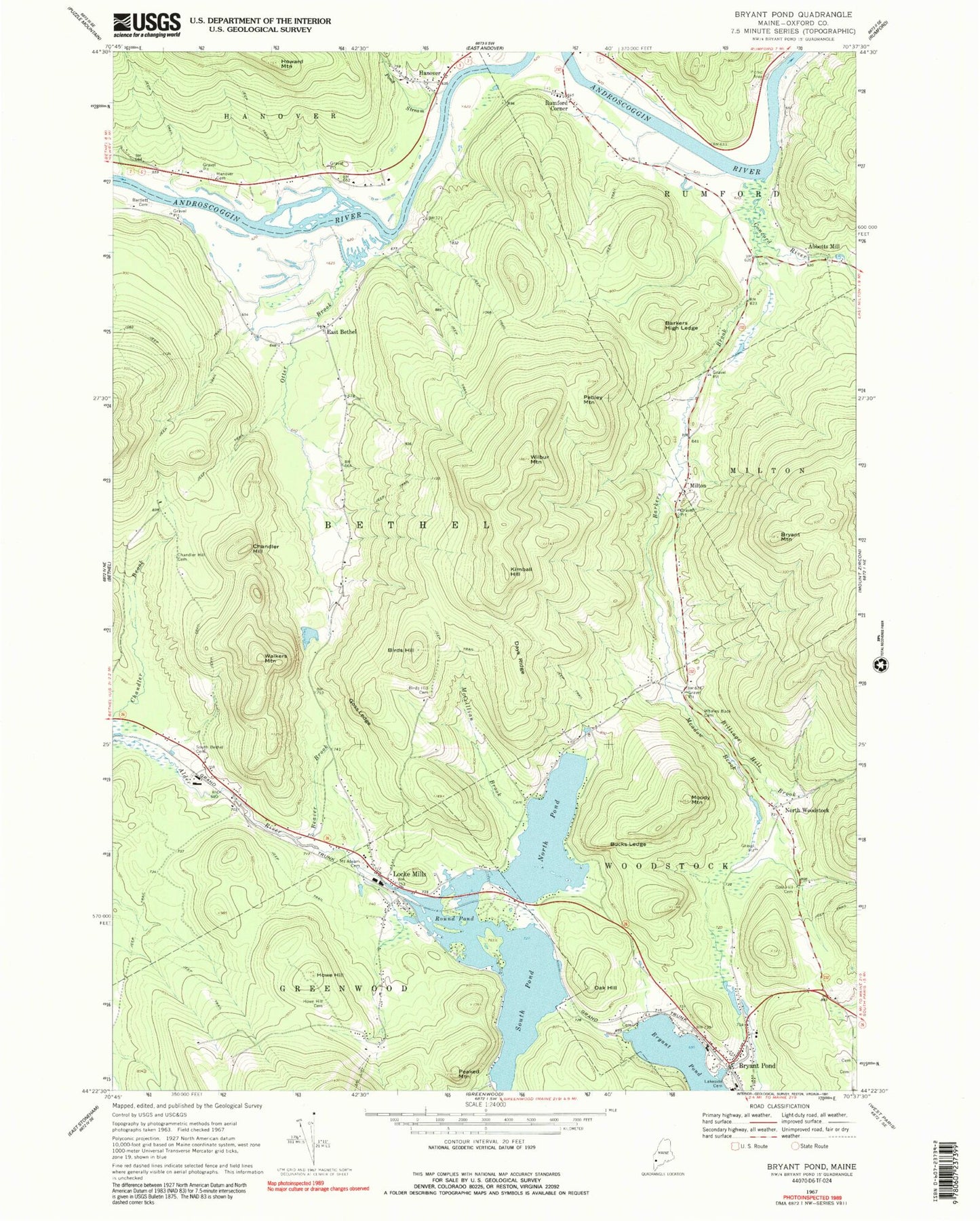 Classic USGS Bryant Pond Maine 7.5'x7.5' Topo Map Image