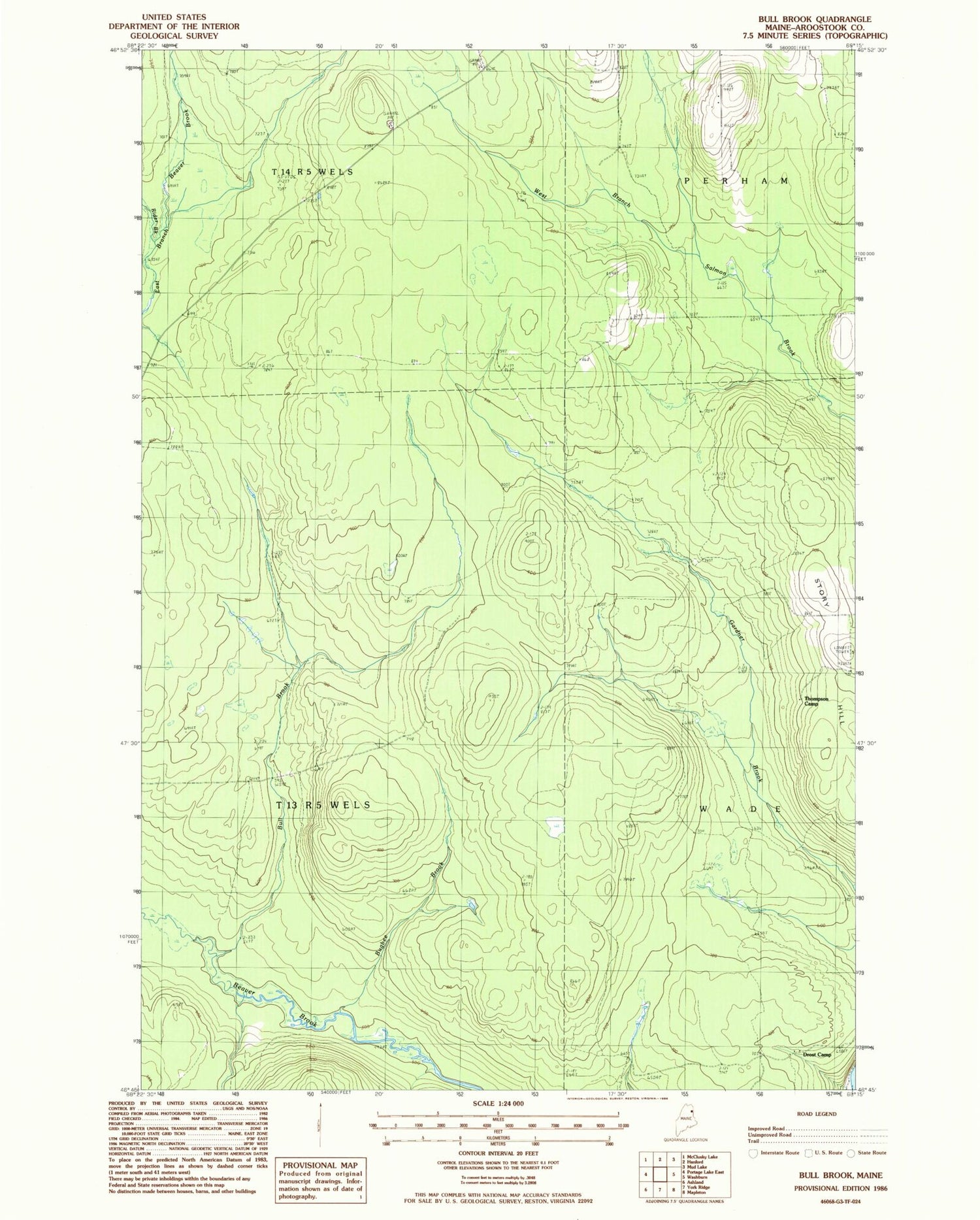 Classic USGS Bull Brook Maine 7.5'x7.5' Topo Map Image