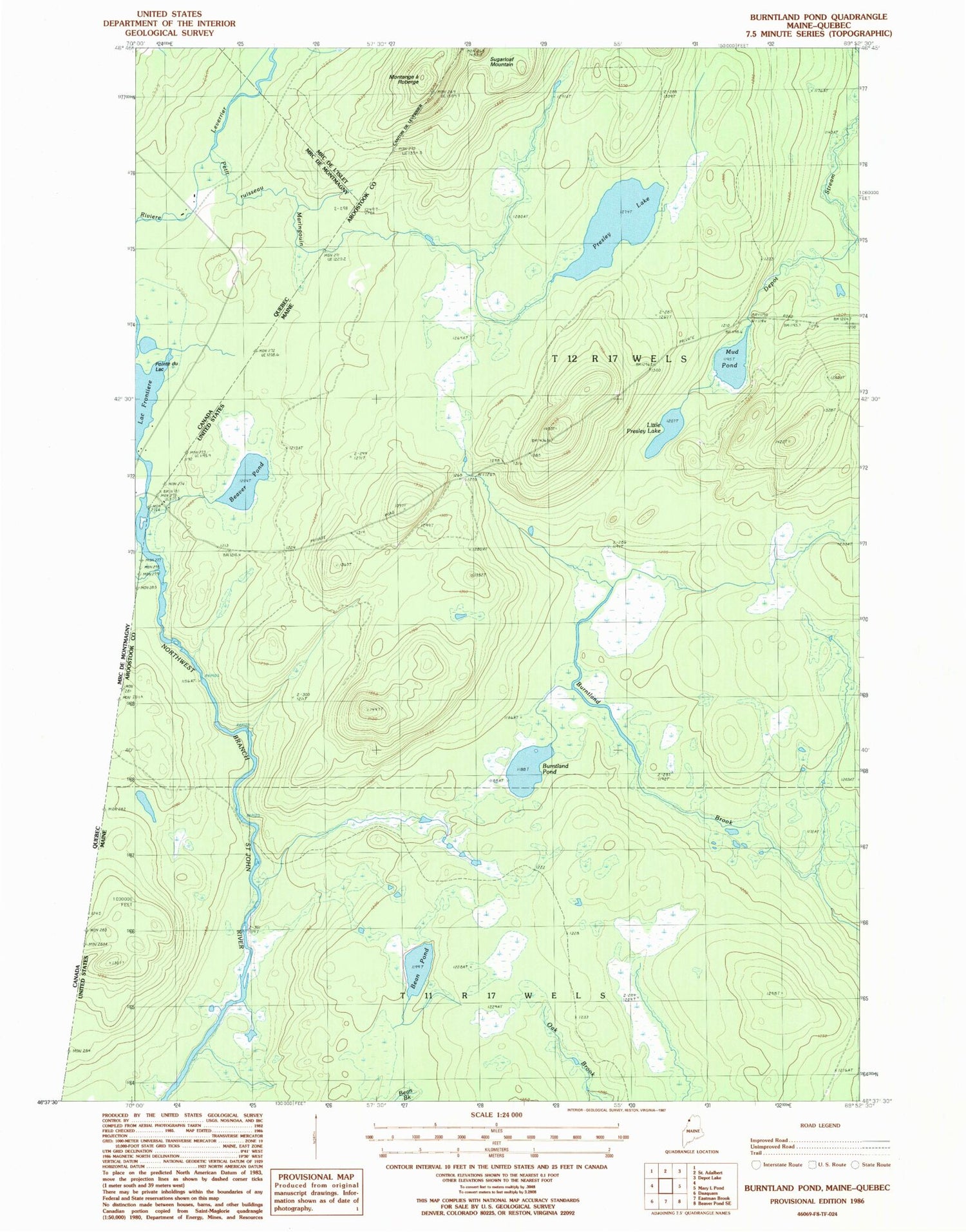 Classic USGS Burntland Pond Maine 7.5'x7.5' Topo Map Image